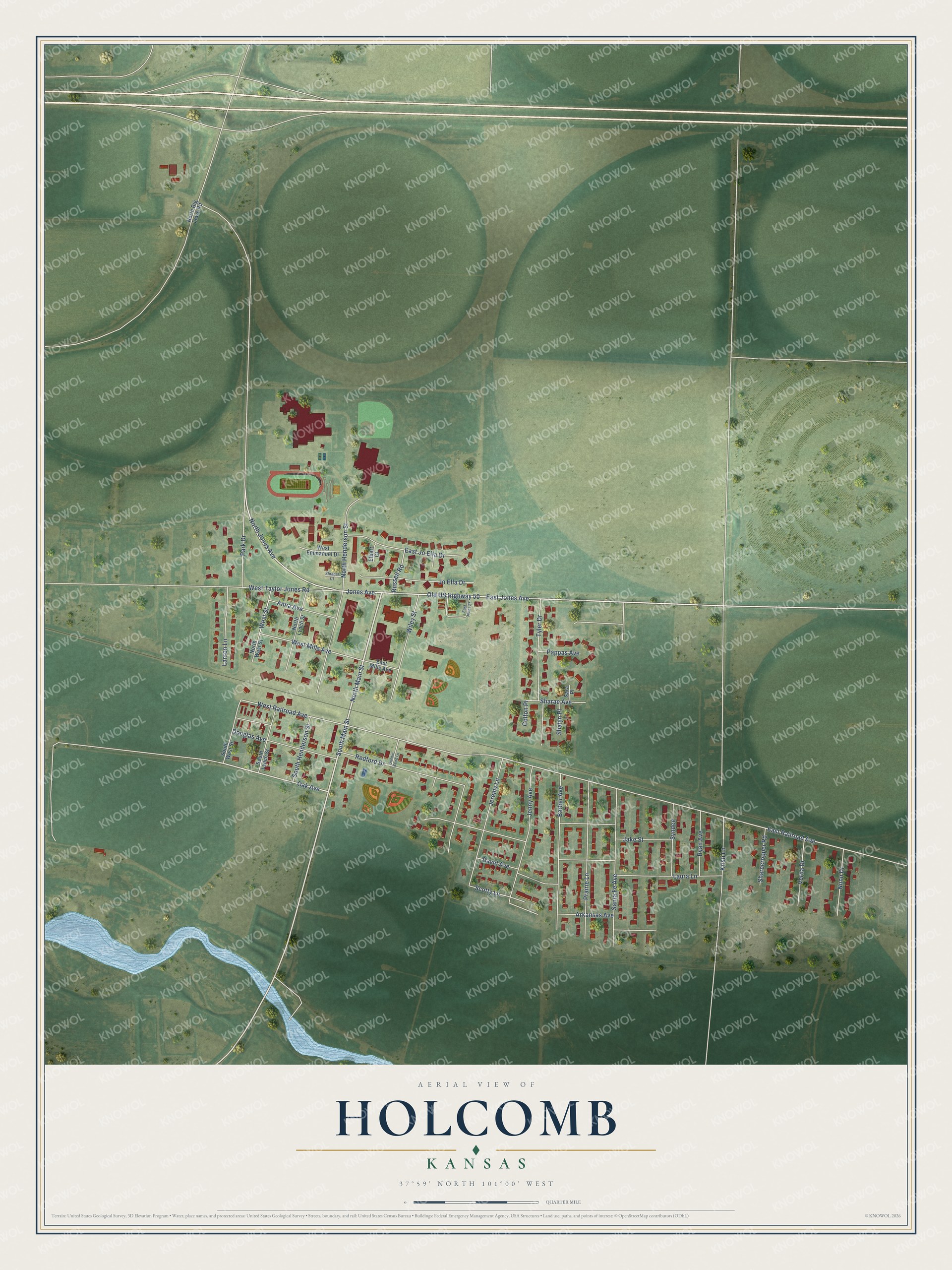 Full map of Holcomb, Kansas, with red buildings, printed street names and the land around them