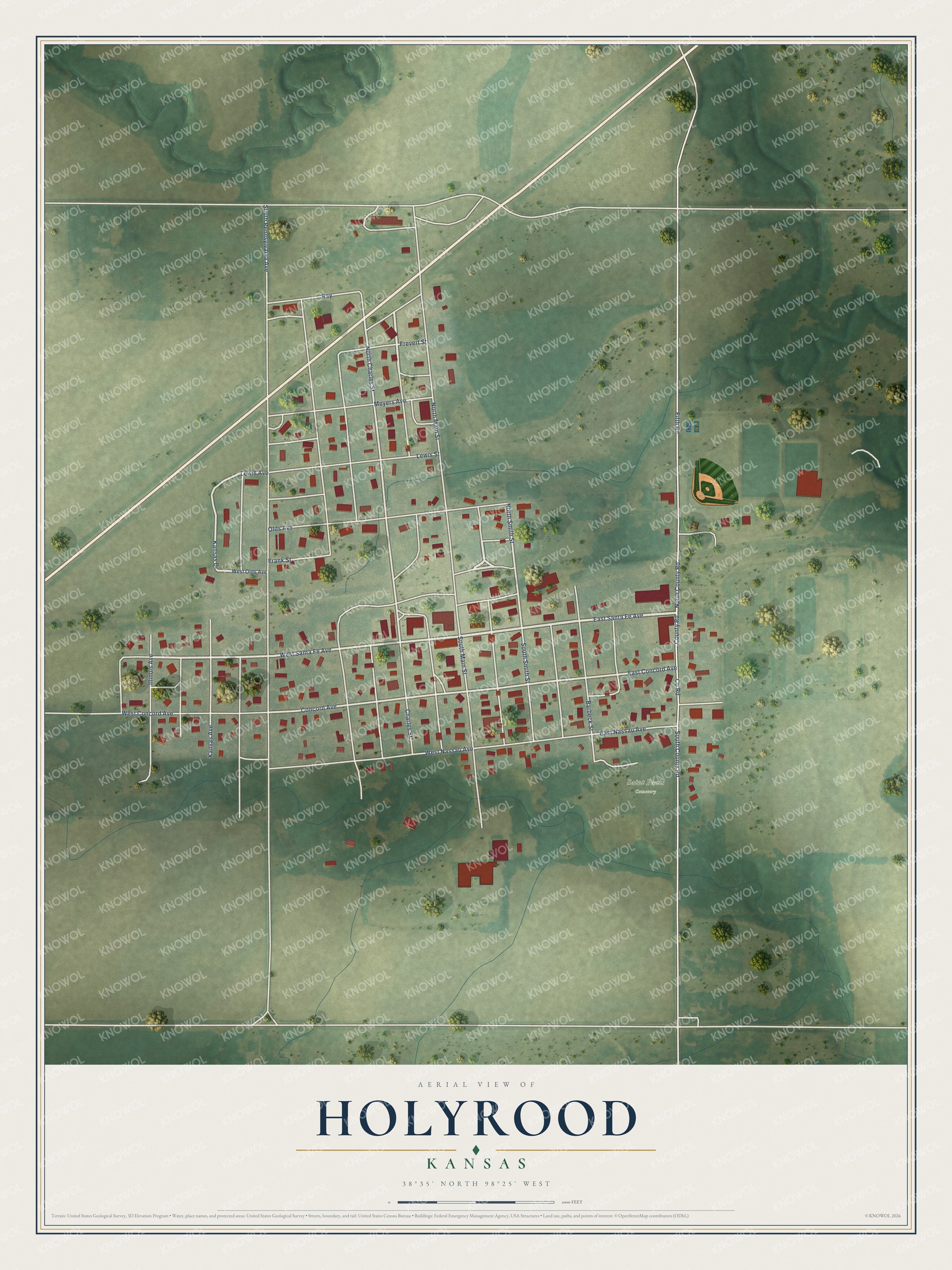 Full map of Holyrood, Kansas, with red buildings, printed street names and the land around them