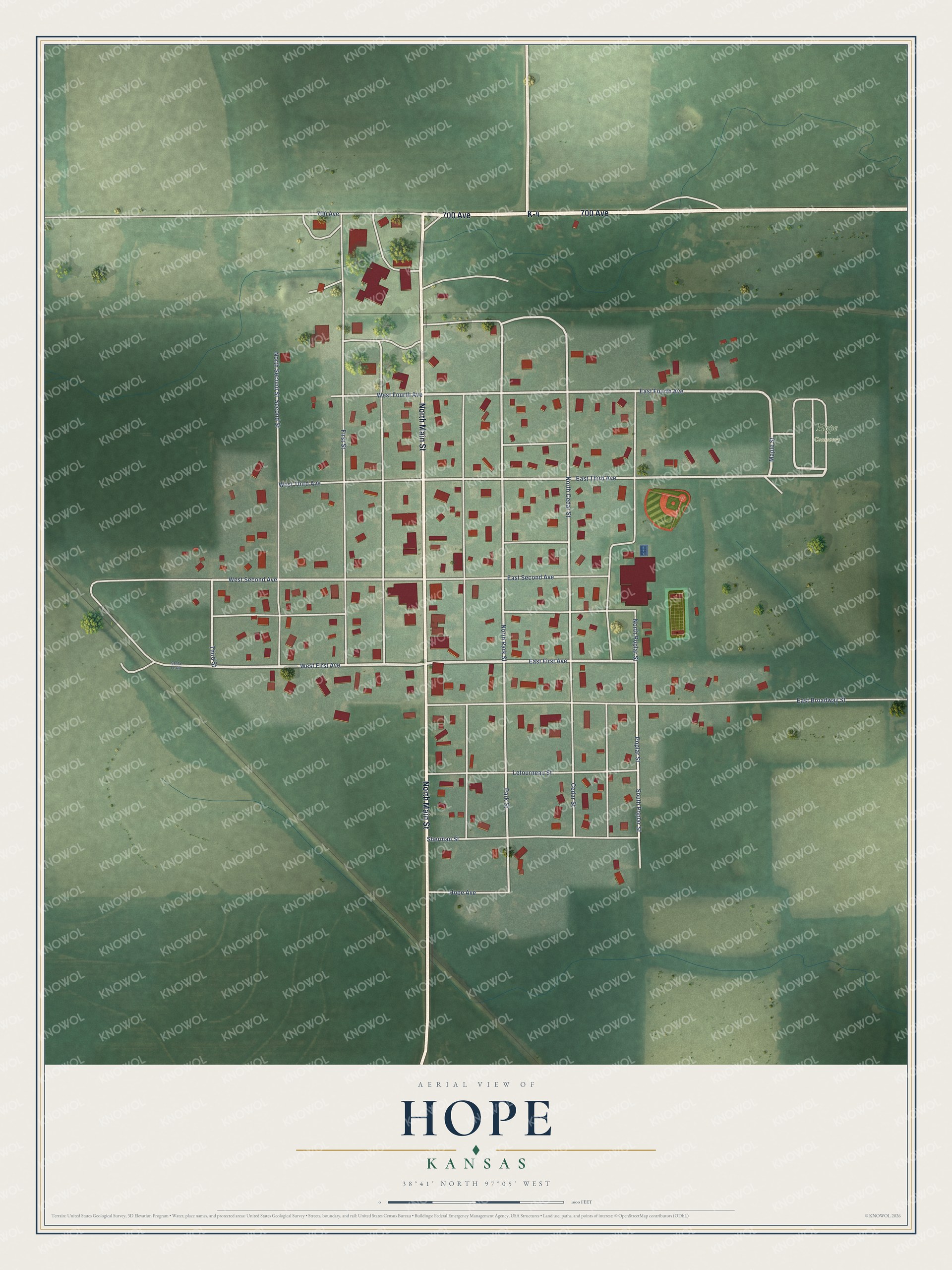 Full map of Hope, Kansas, with red buildings, printed street names and the land around them
