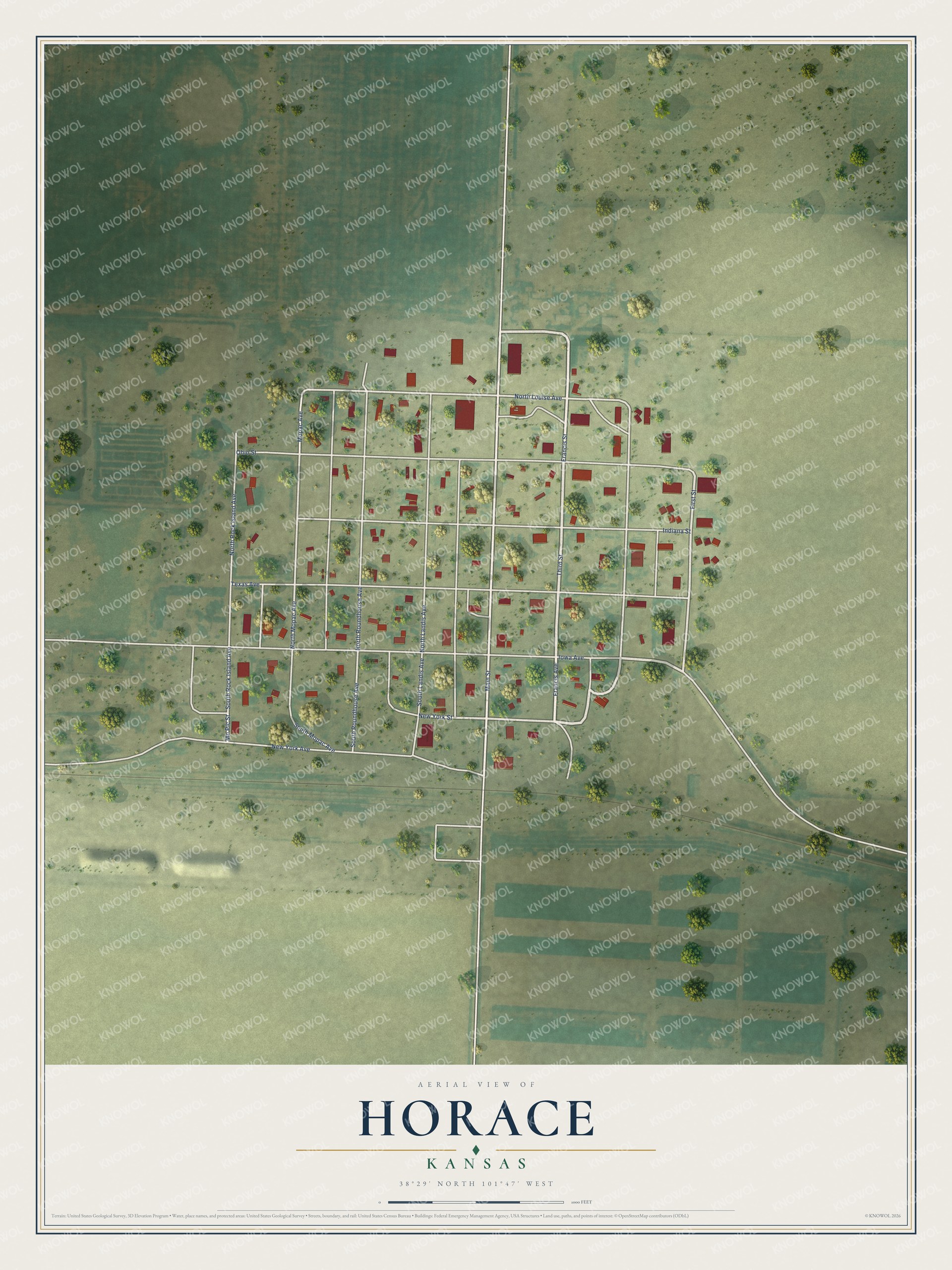 Full map of Horace, Kansas, with red buildings, printed street names and the land around them