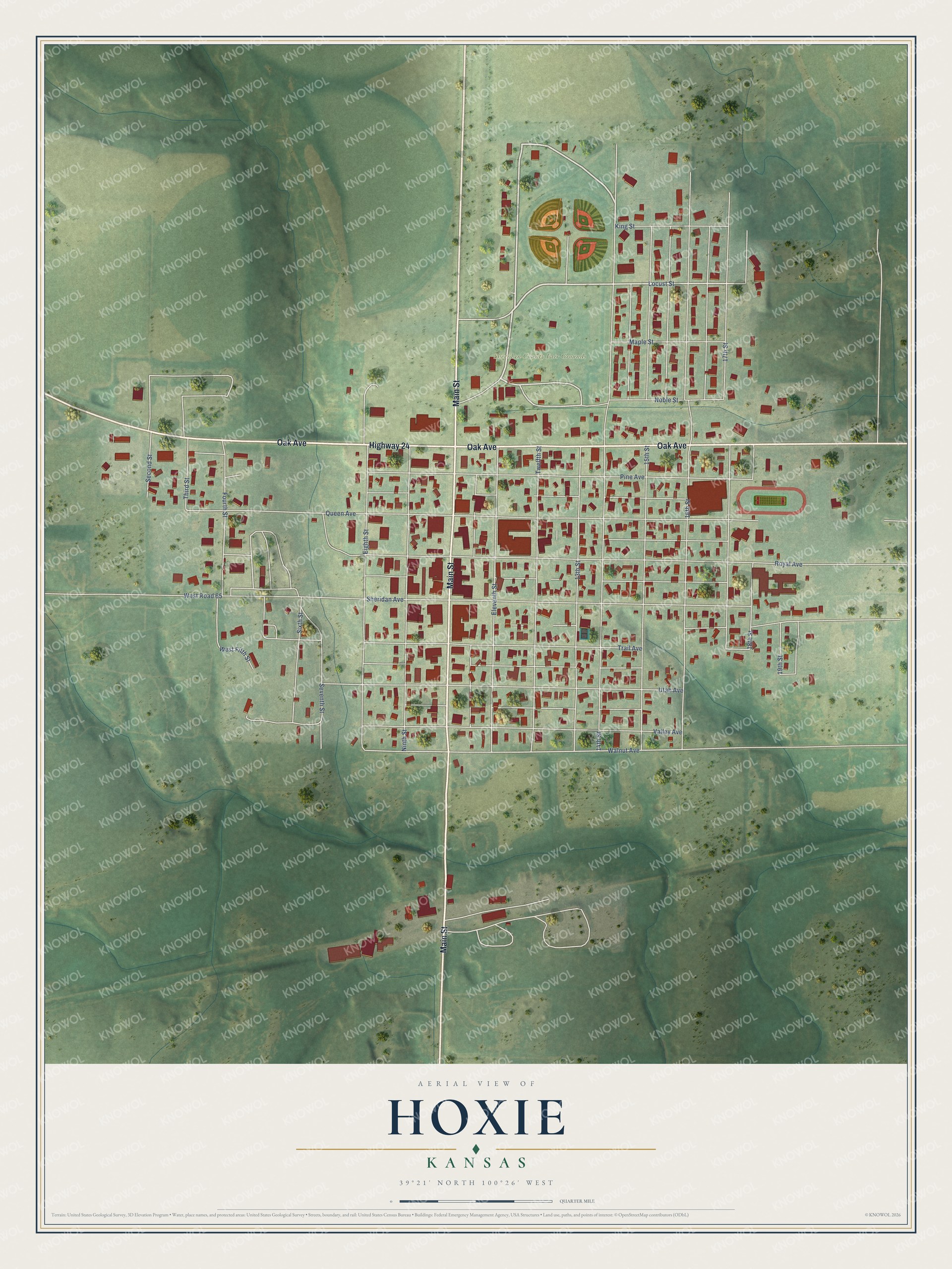 Full map of Hoxie, Kansas, with red buildings, printed street names and the land around them