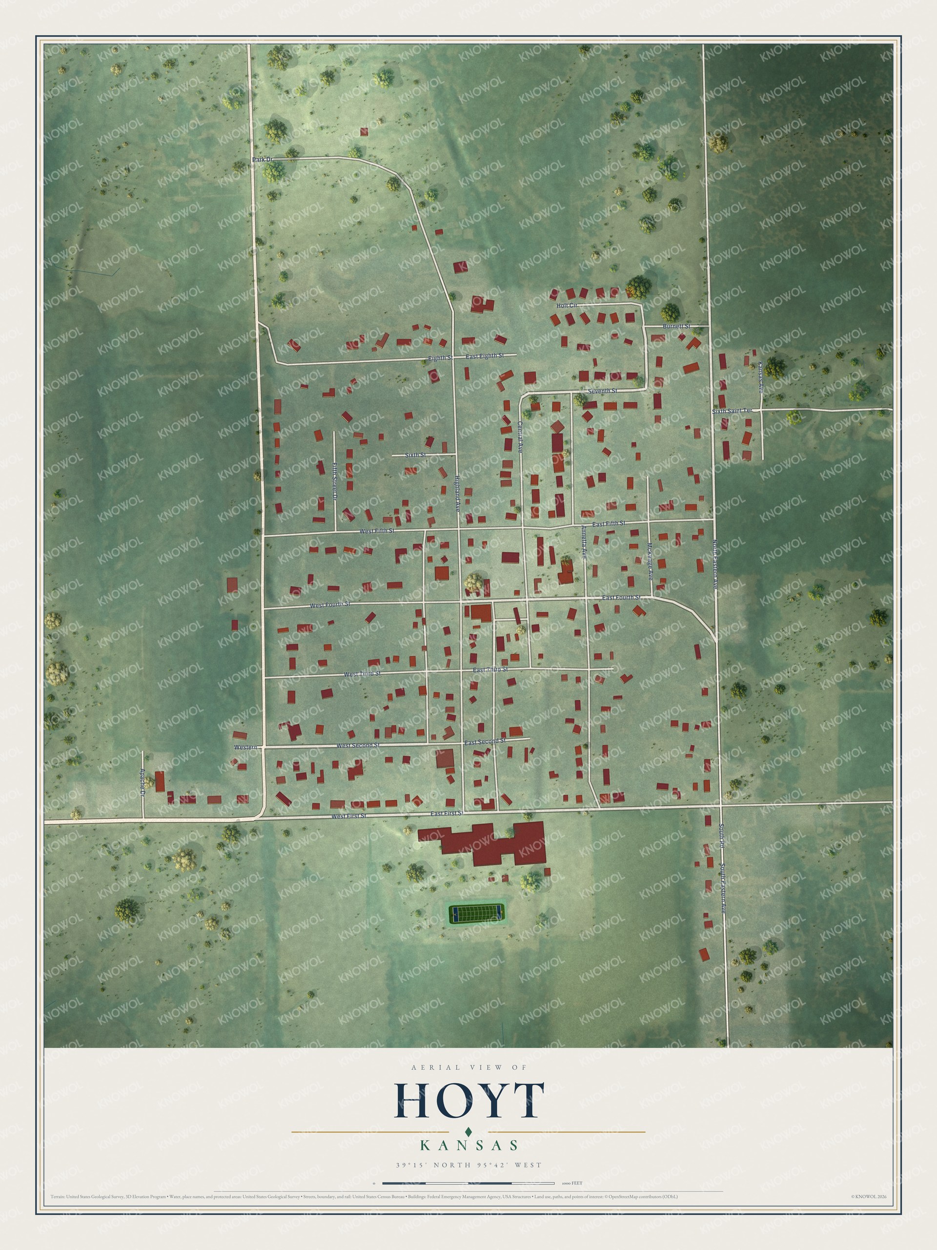 Full map of Hoyt, Kansas, with red buildings, printed street names and the land around them