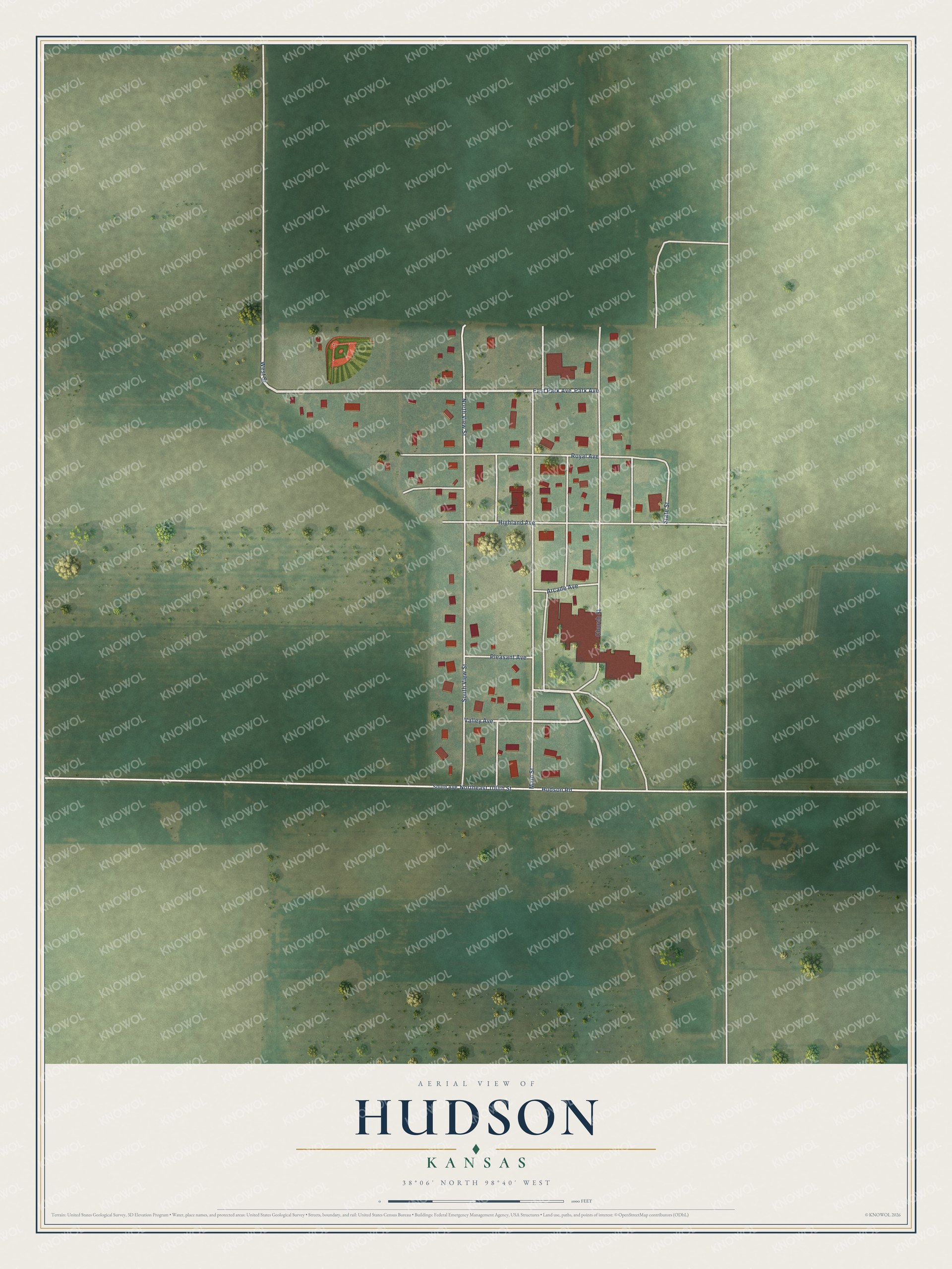 Full map of Hudson, Kansas, with red buildings, printed street names and the land around them