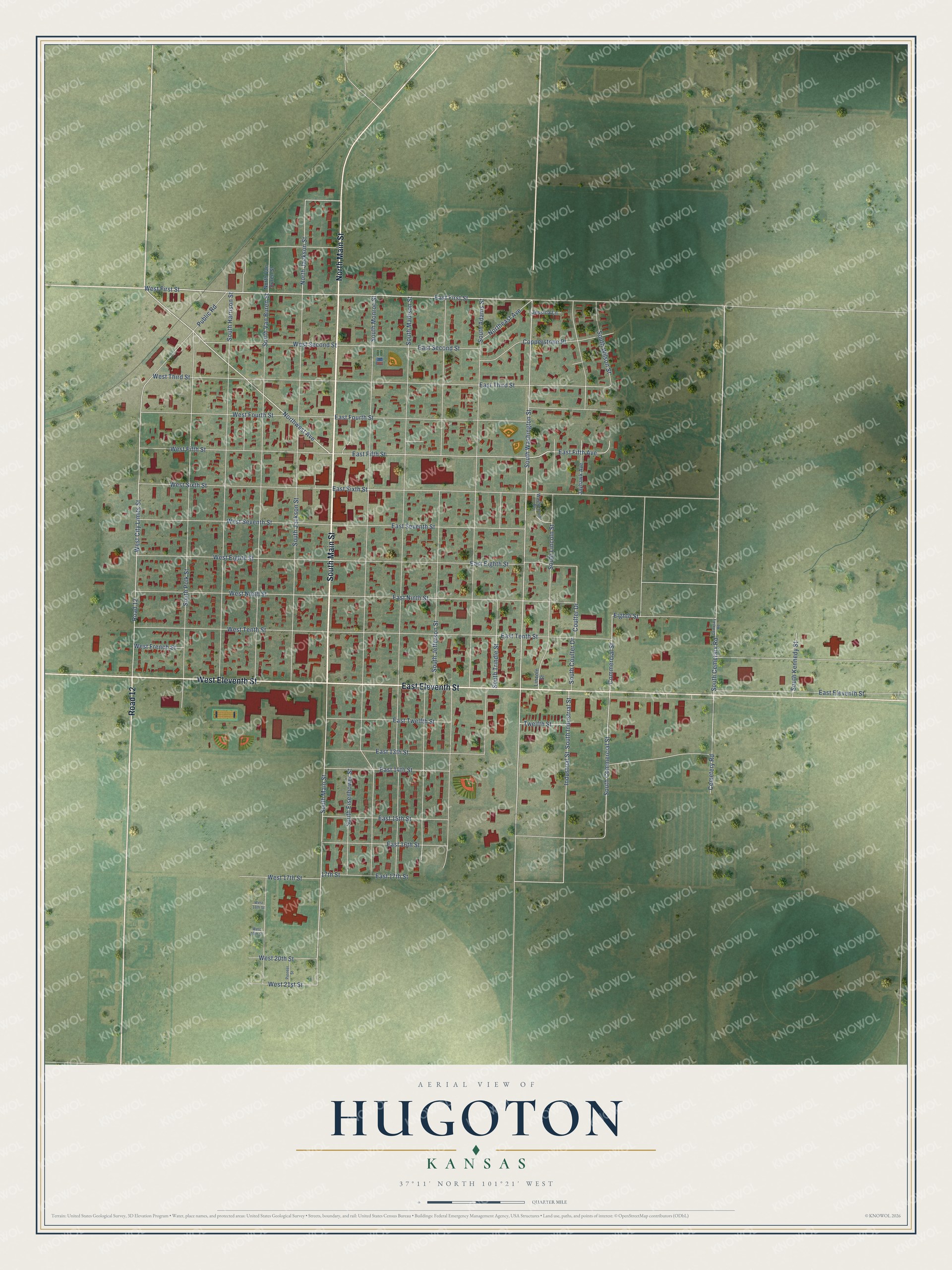 Full map of Hugoton, Kansas, with red buildings, printed street names and the land around them