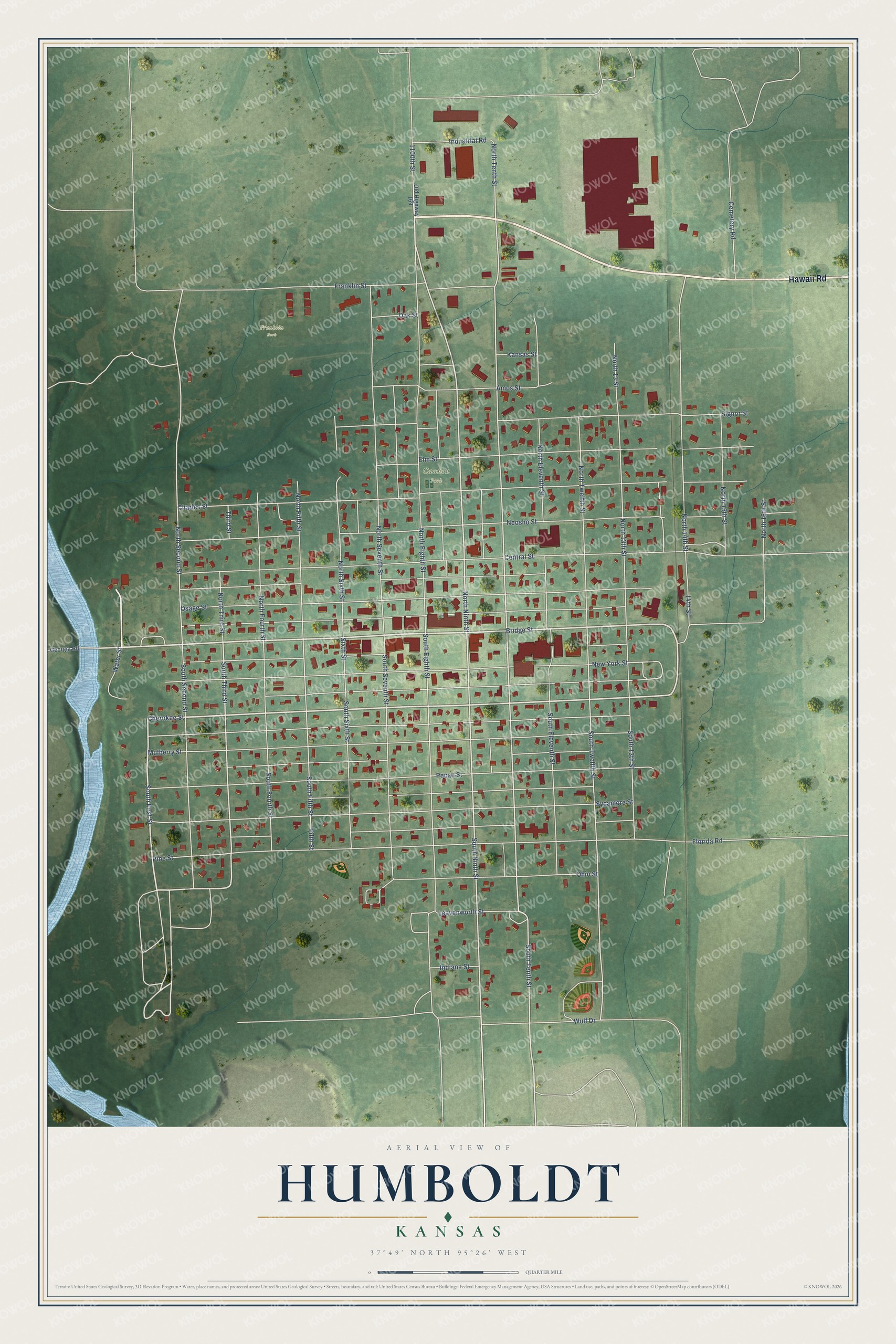 Full map of Humboldt, Kansas, with red buildings, printed street names and the land around them
