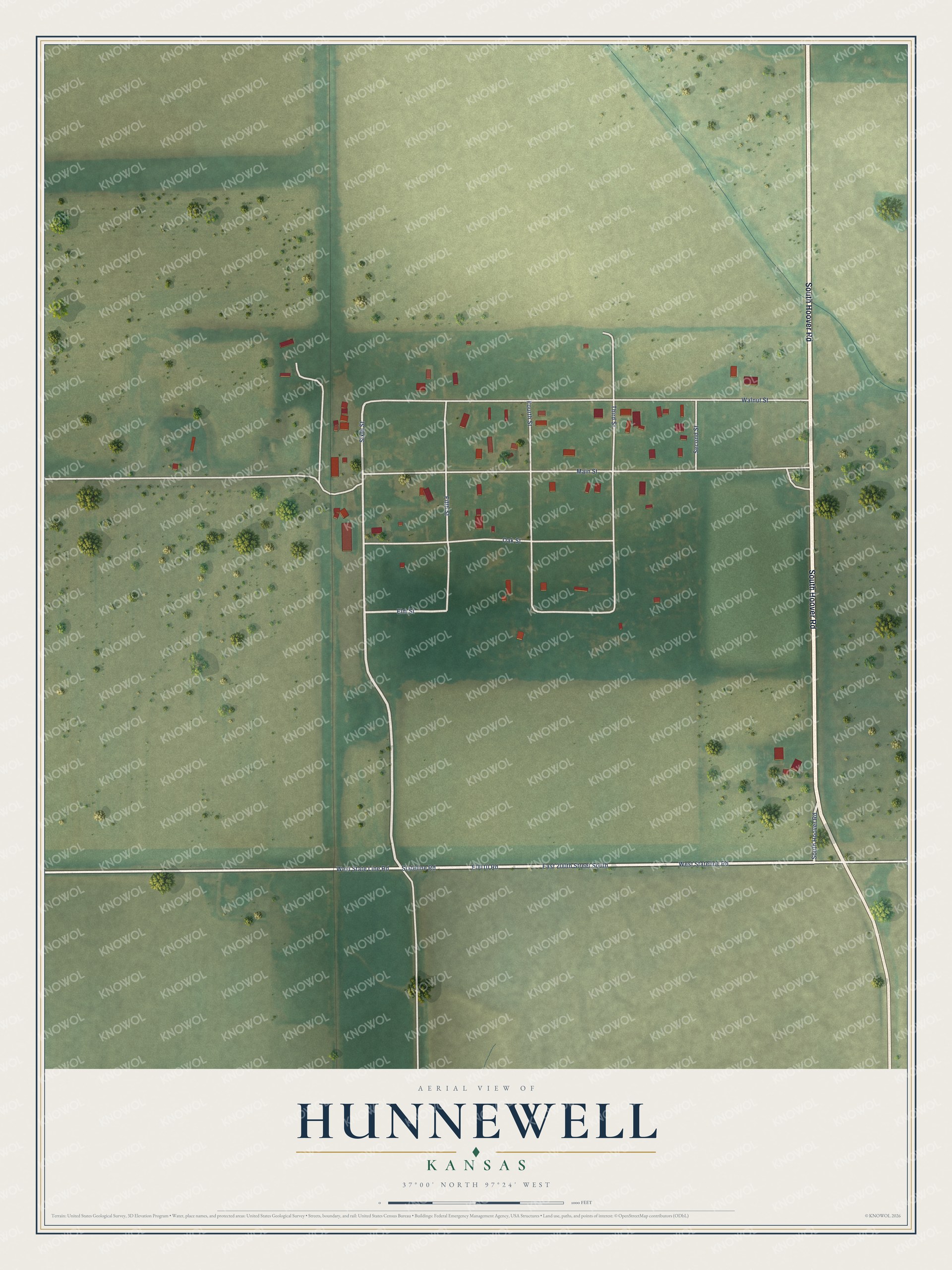 Full map of Hunnewell, Kansas, with red buildings, printed street names and the land around them