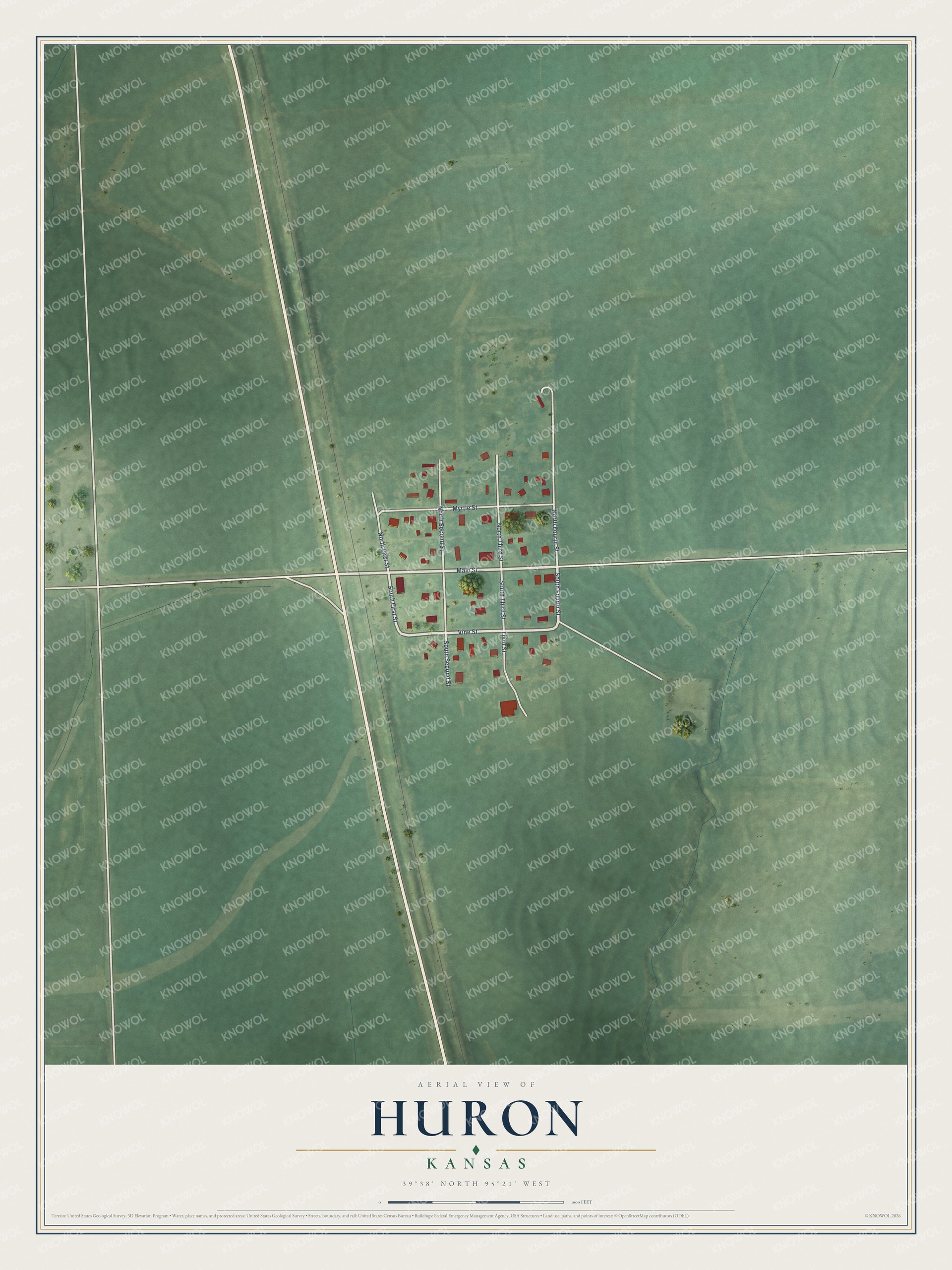 Full map of Huron, Kansas, with red buildings, printed street names and the land around them