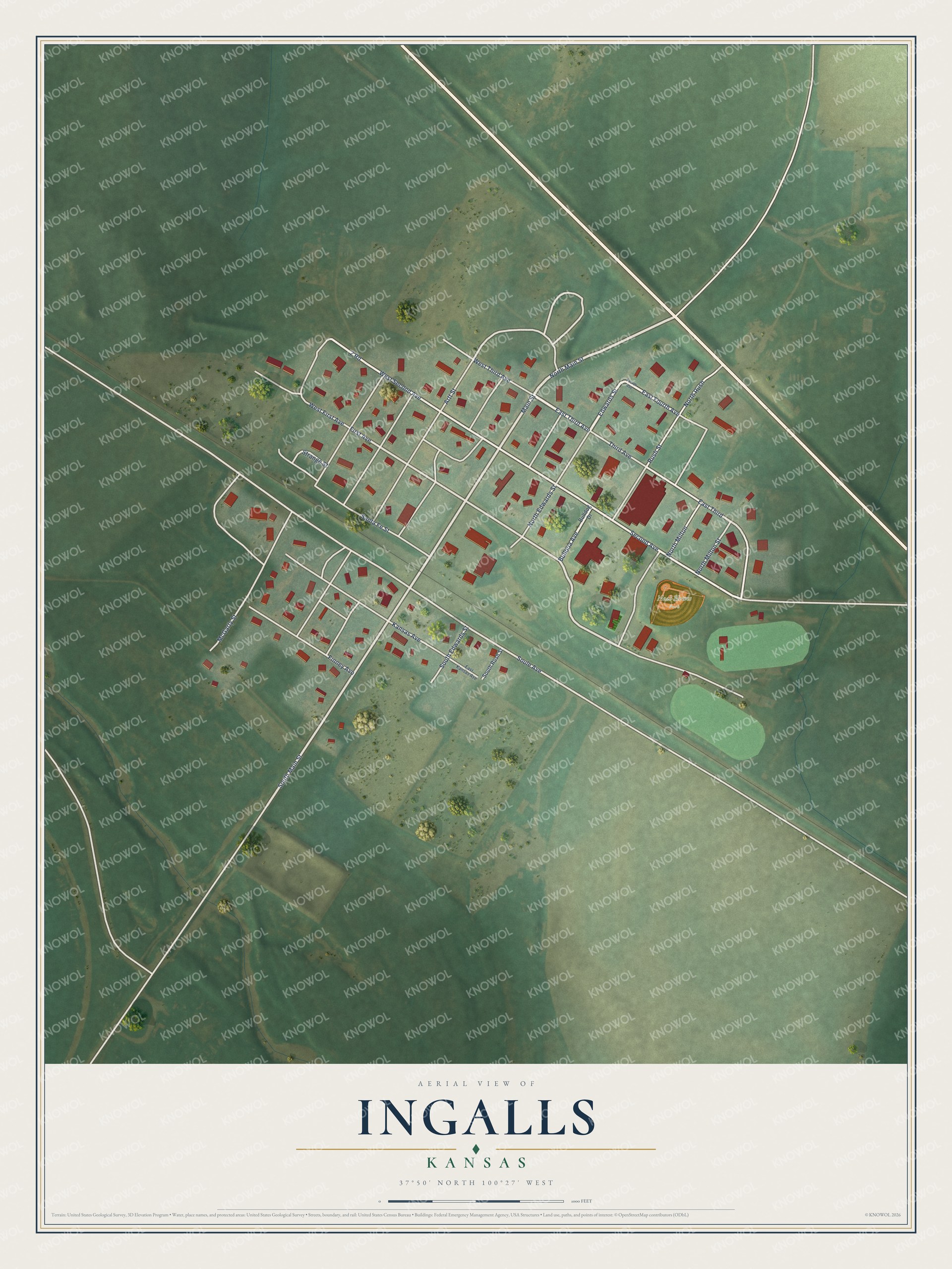 Full map of Ingalls, Kansas, with red buildings, printed street names and the land around them
