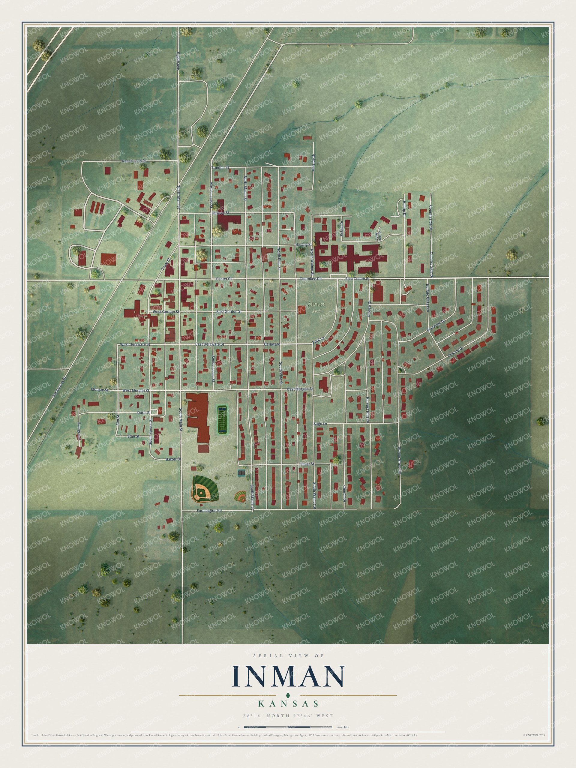 Full map of Inman, Kansas, with red buildings, printed street names and the land around them