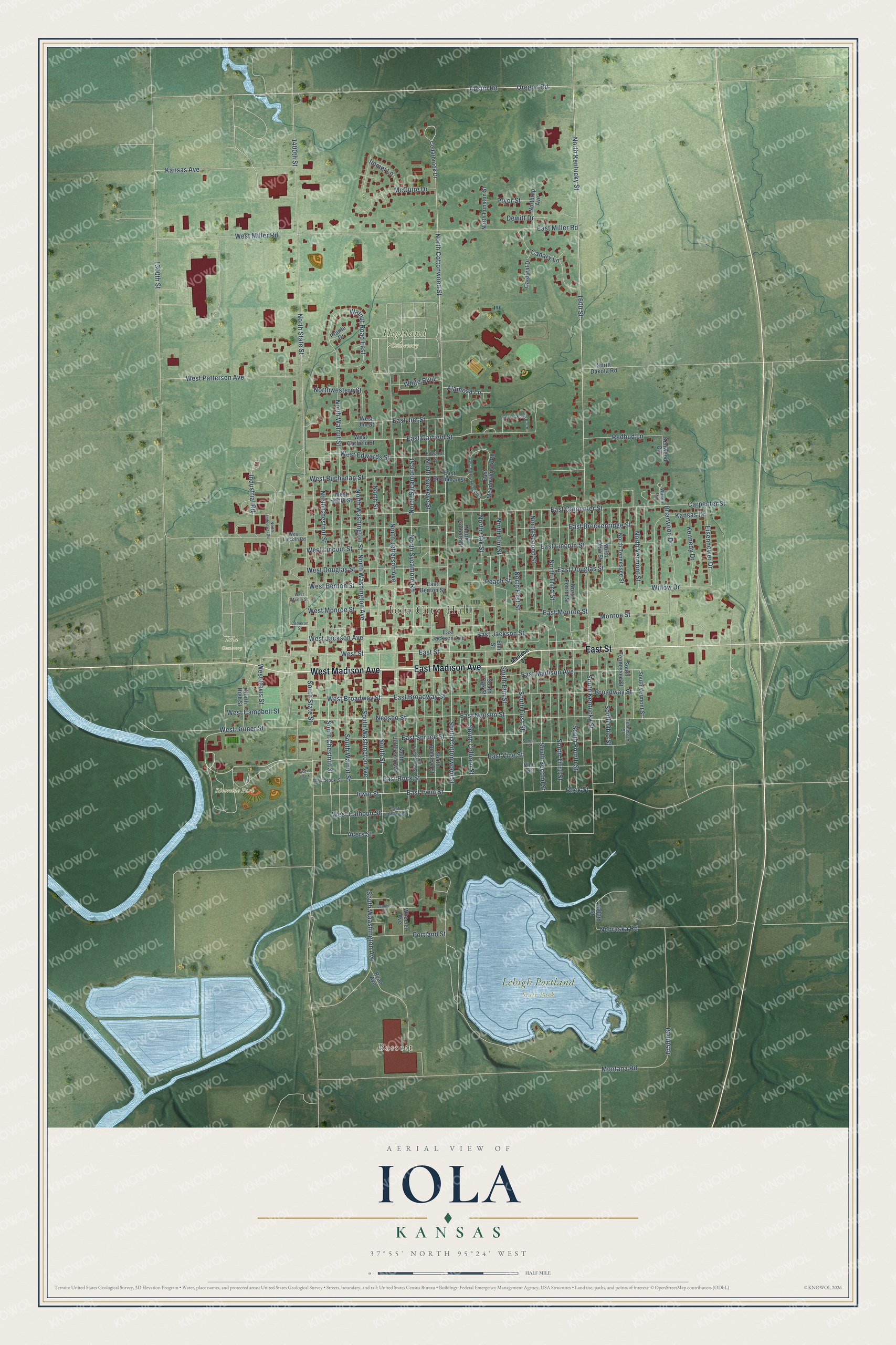 Full map of Iola, Kansas, with red buildings, printed street names and the land around them