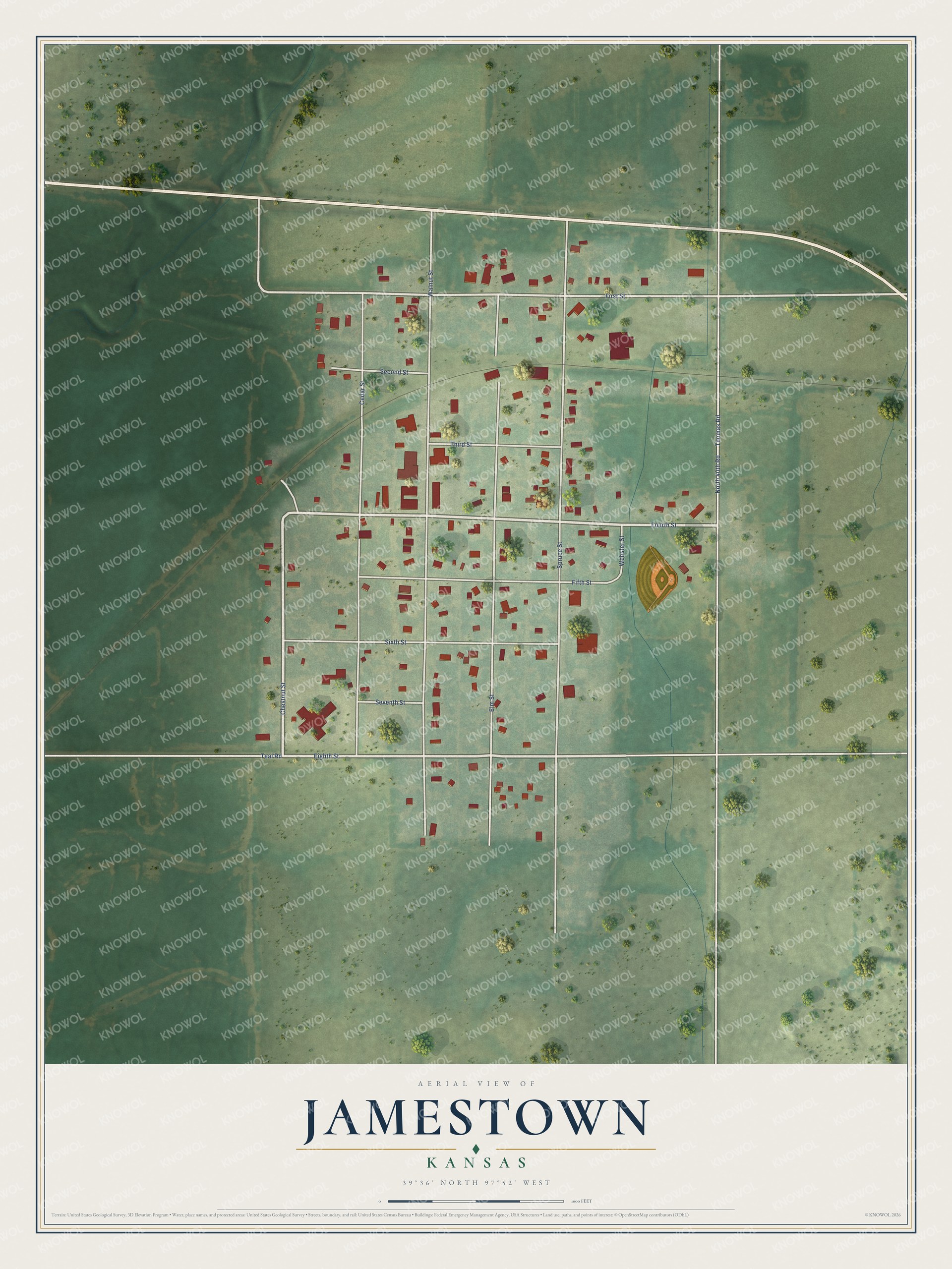 Full map of Jamestown, Kansas, with red buildings, printed street names and the land around them