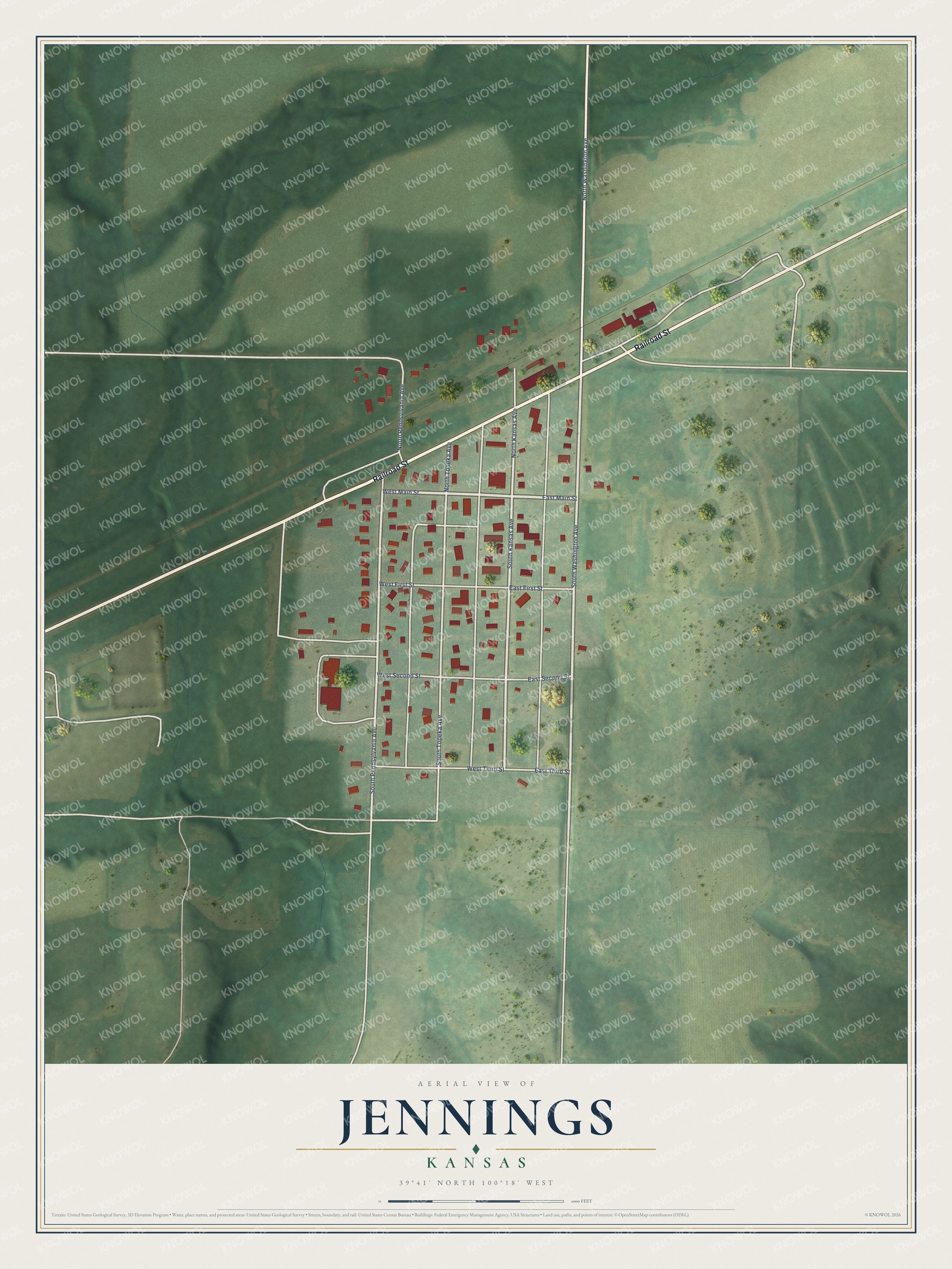 Full map of Jennings, Kansas, with red buildings, printed street names and the land around them