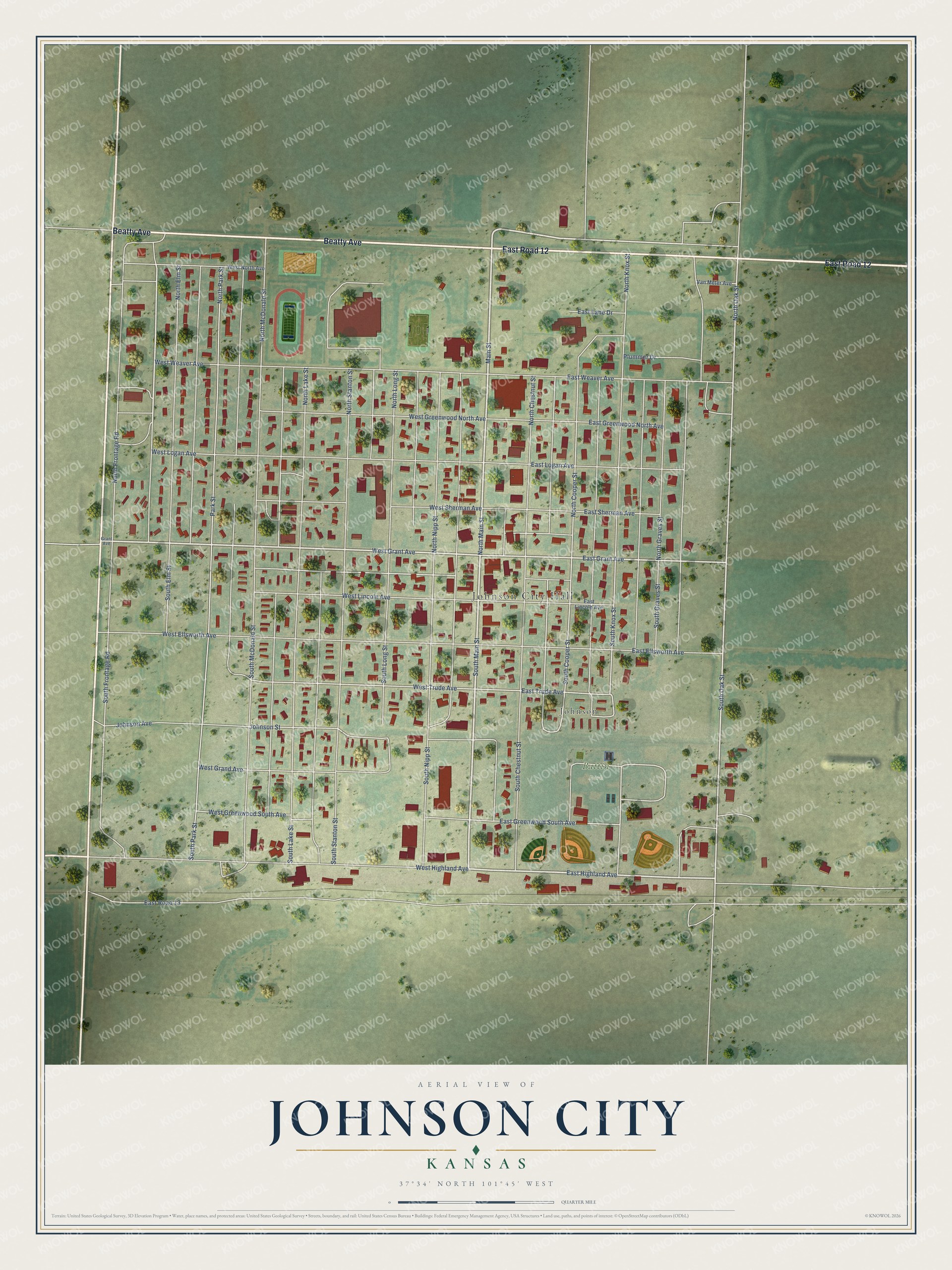 Full map of Johnson City, Kansas, with red buildings, printed street names and the land around them