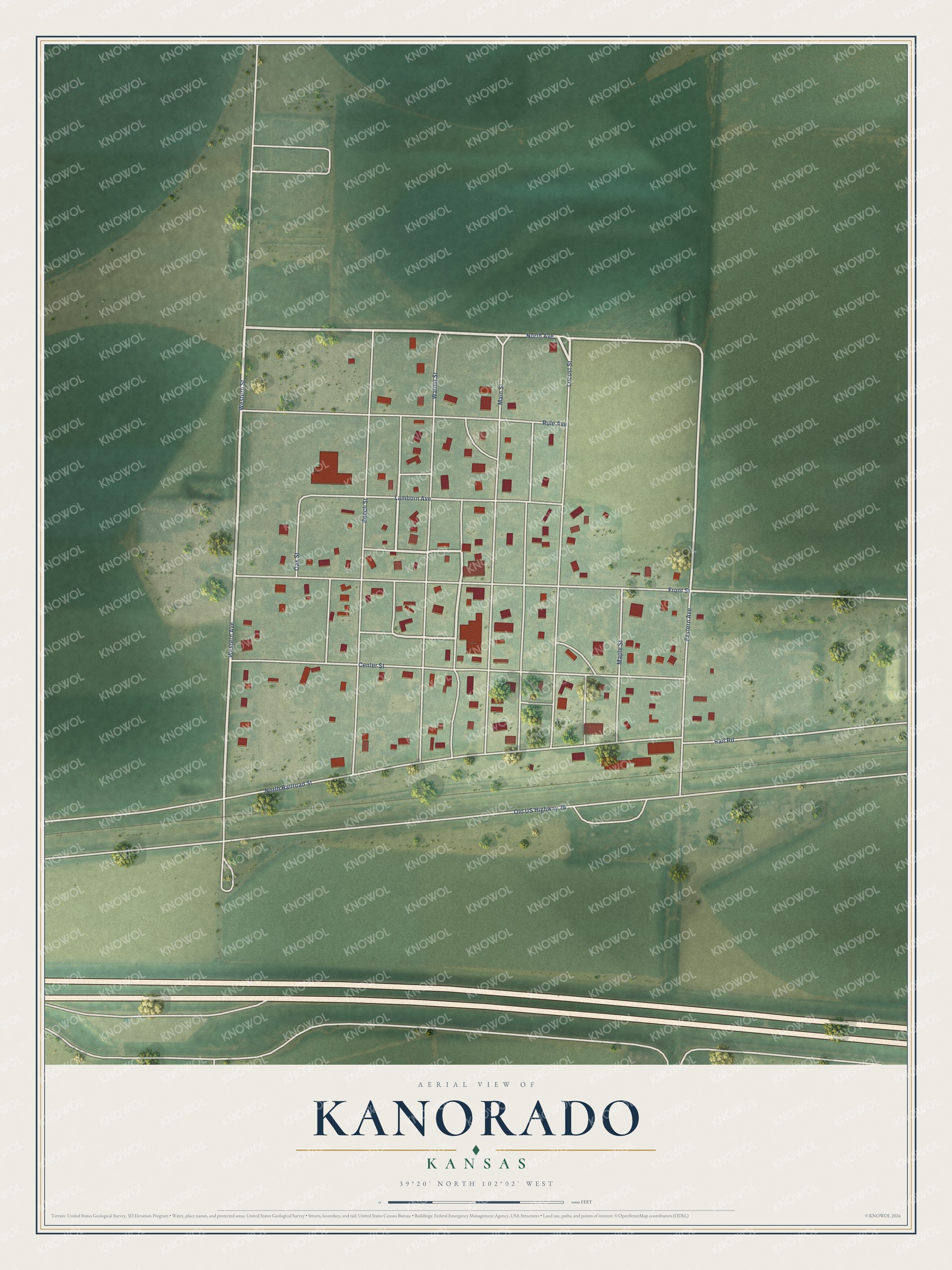 Full map of Kanorado, Kansas, with red buildings, printed street names and the land around them