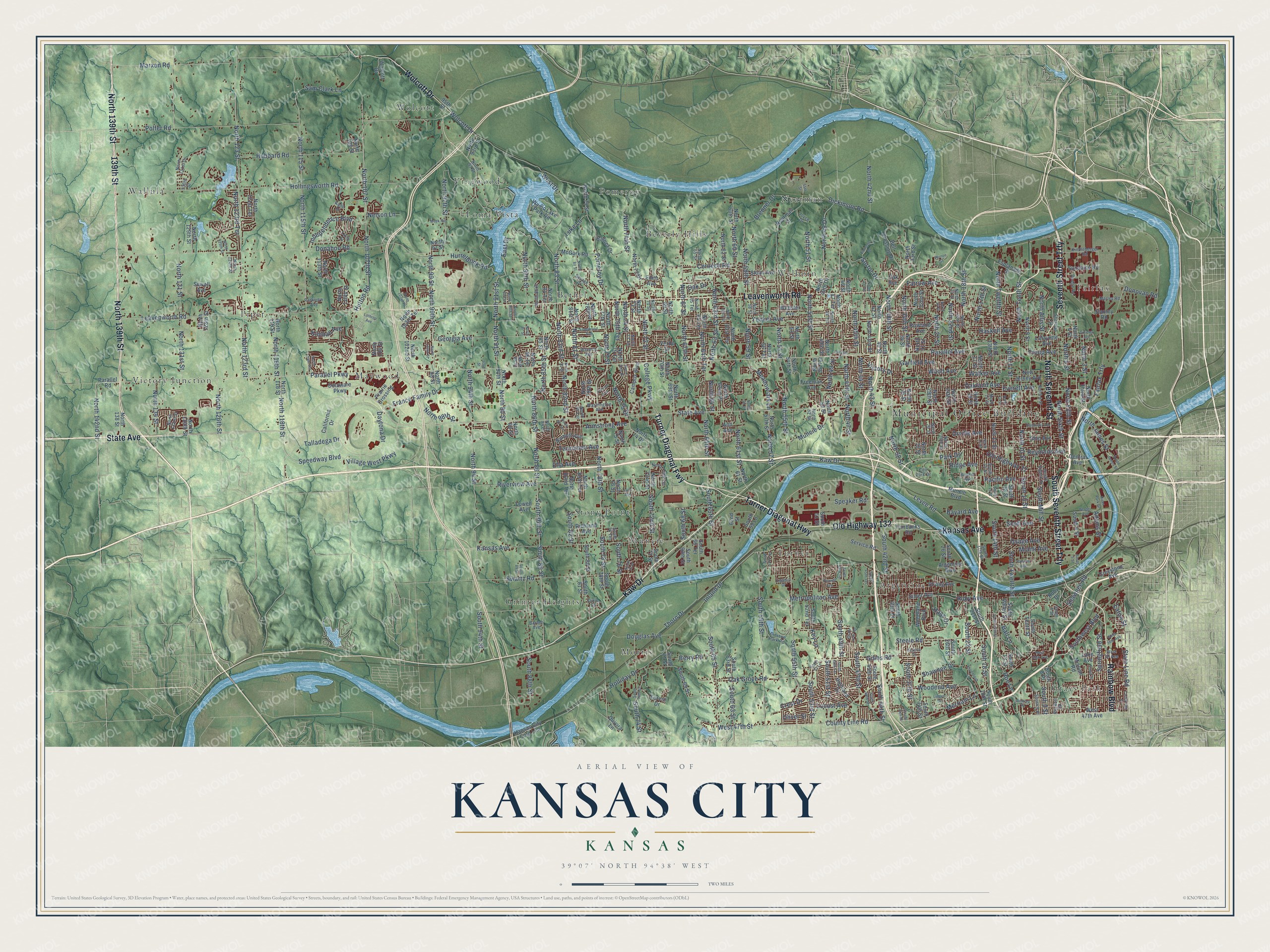 Full map of Kansas City, Kansas, with red buildings, printed street names and the land around them