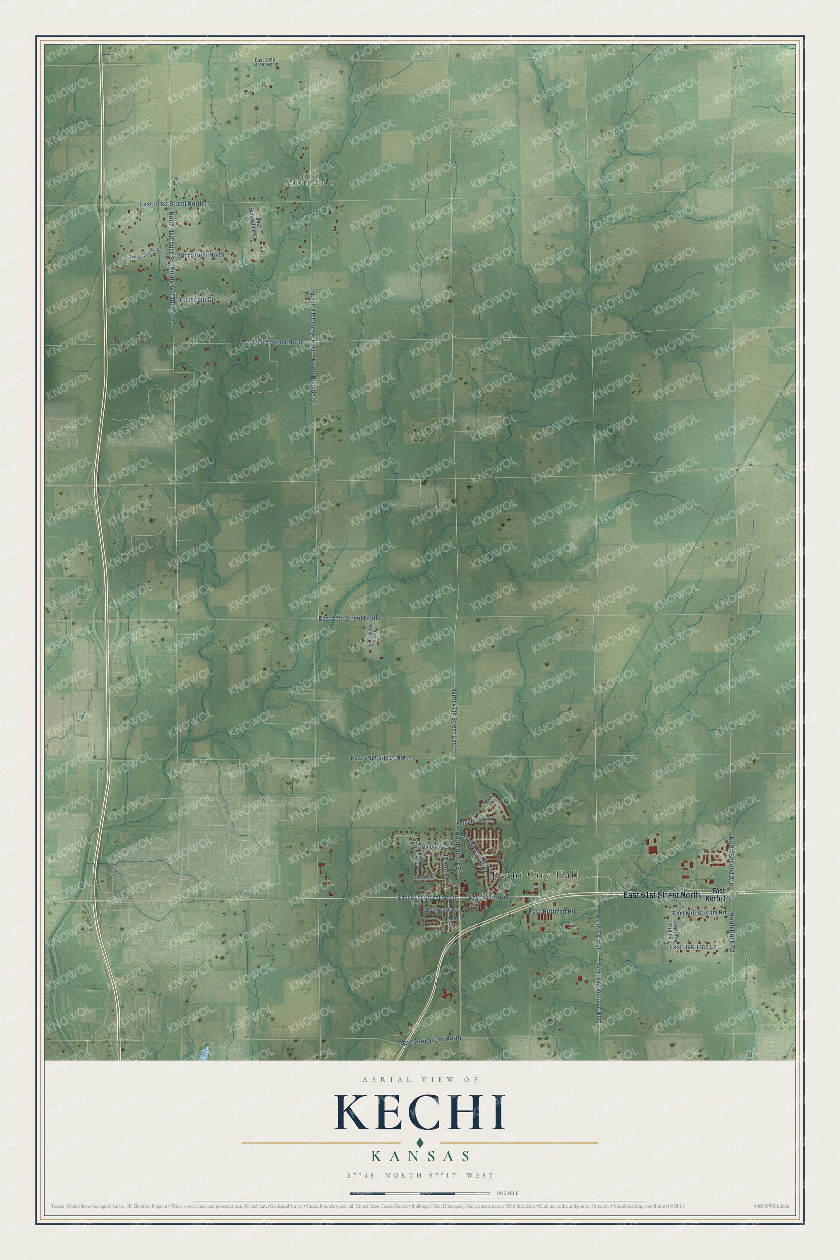 Full map of Kechi, Kansas, with red buildings, printed street names and the land around them
