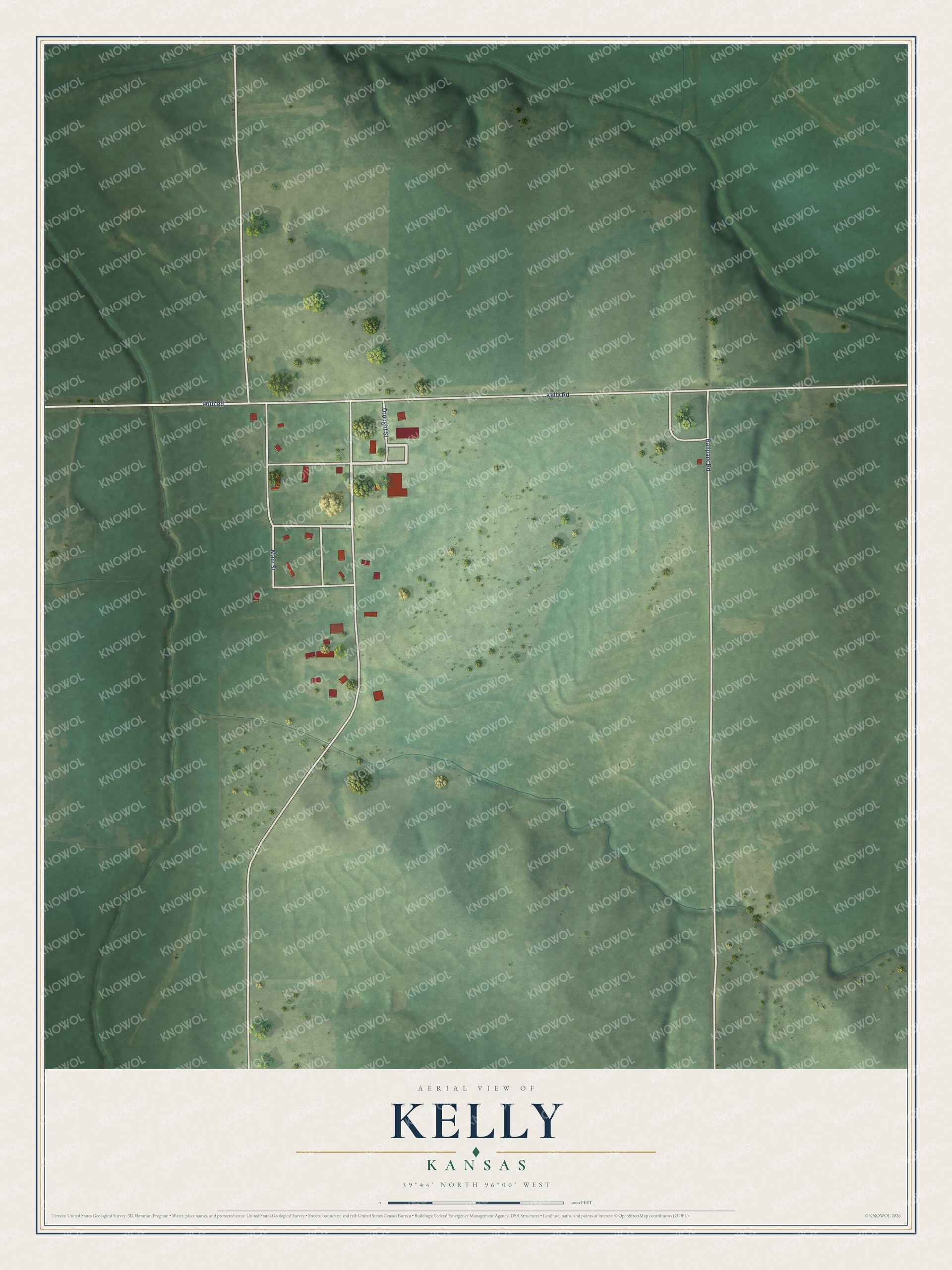 Full map of Kelly, Kansas, with red buildings, printed street names and the land around them