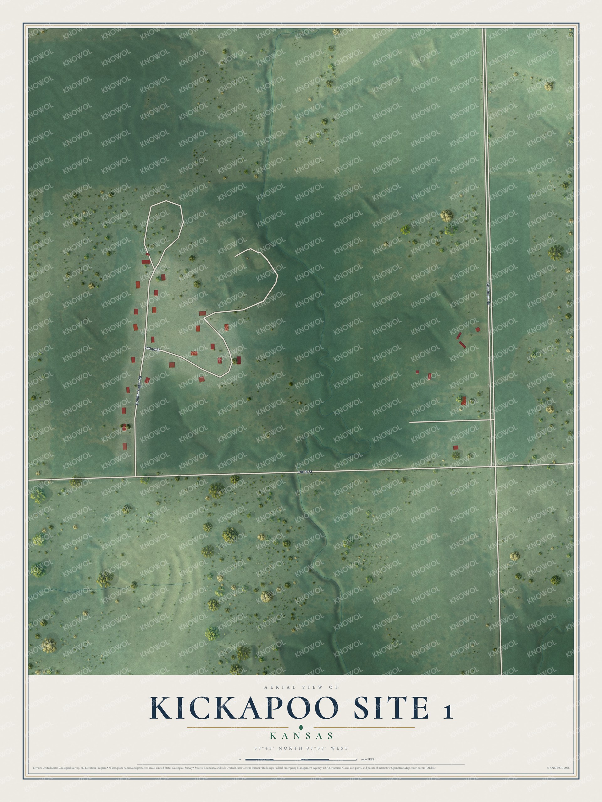 Full map of Kickapoo Site 1, Kansas, with red buildings, printed street names and the land around them