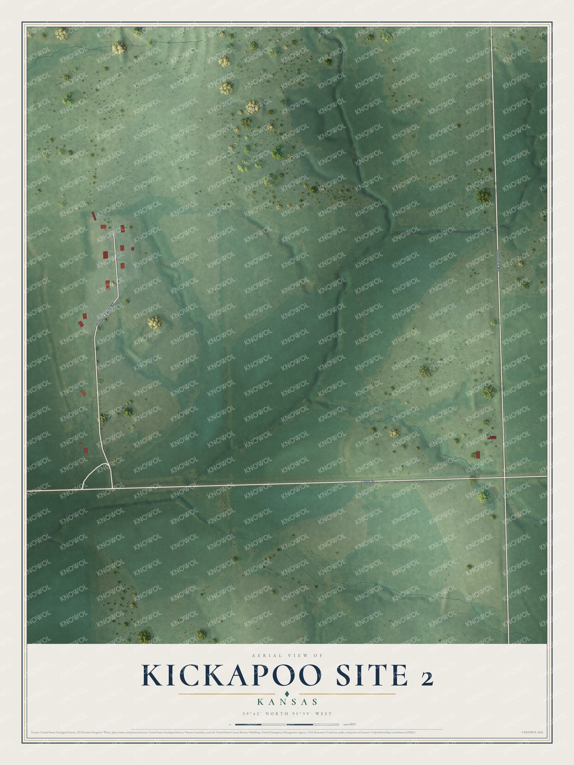 Full map of Kickapoo Site 2, Kansas, with red buildings, printed street names and the land around them