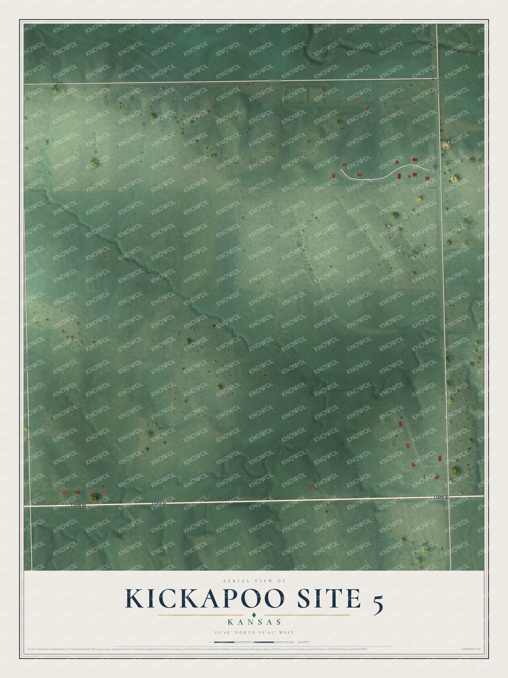 Full map of Kickapoo Site 5, Kansas, with red buildings, printed street names and the land around them