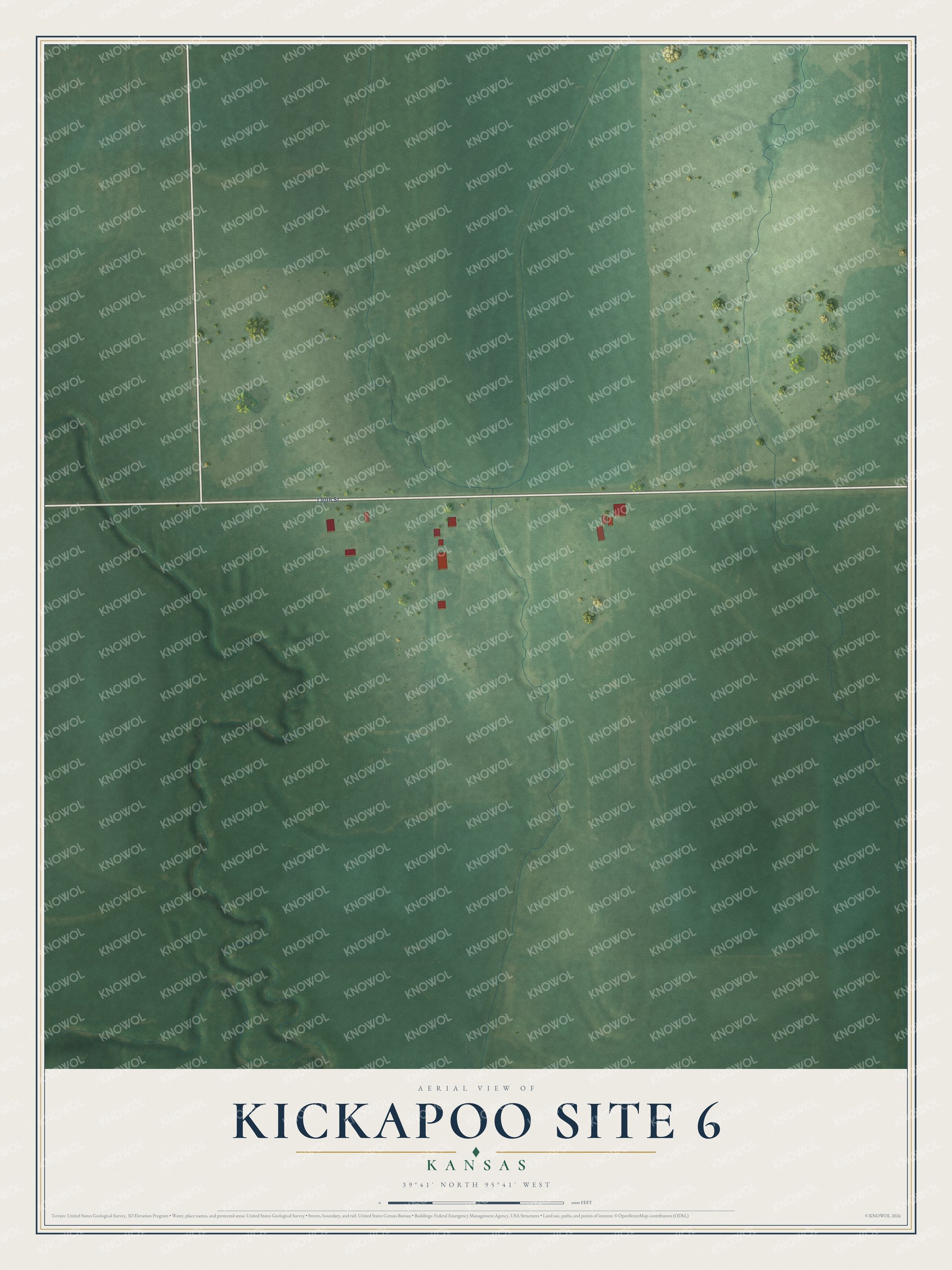 Full map of Kickapoo Site 6, Kansas, with red buildings, printed street names and the land around them