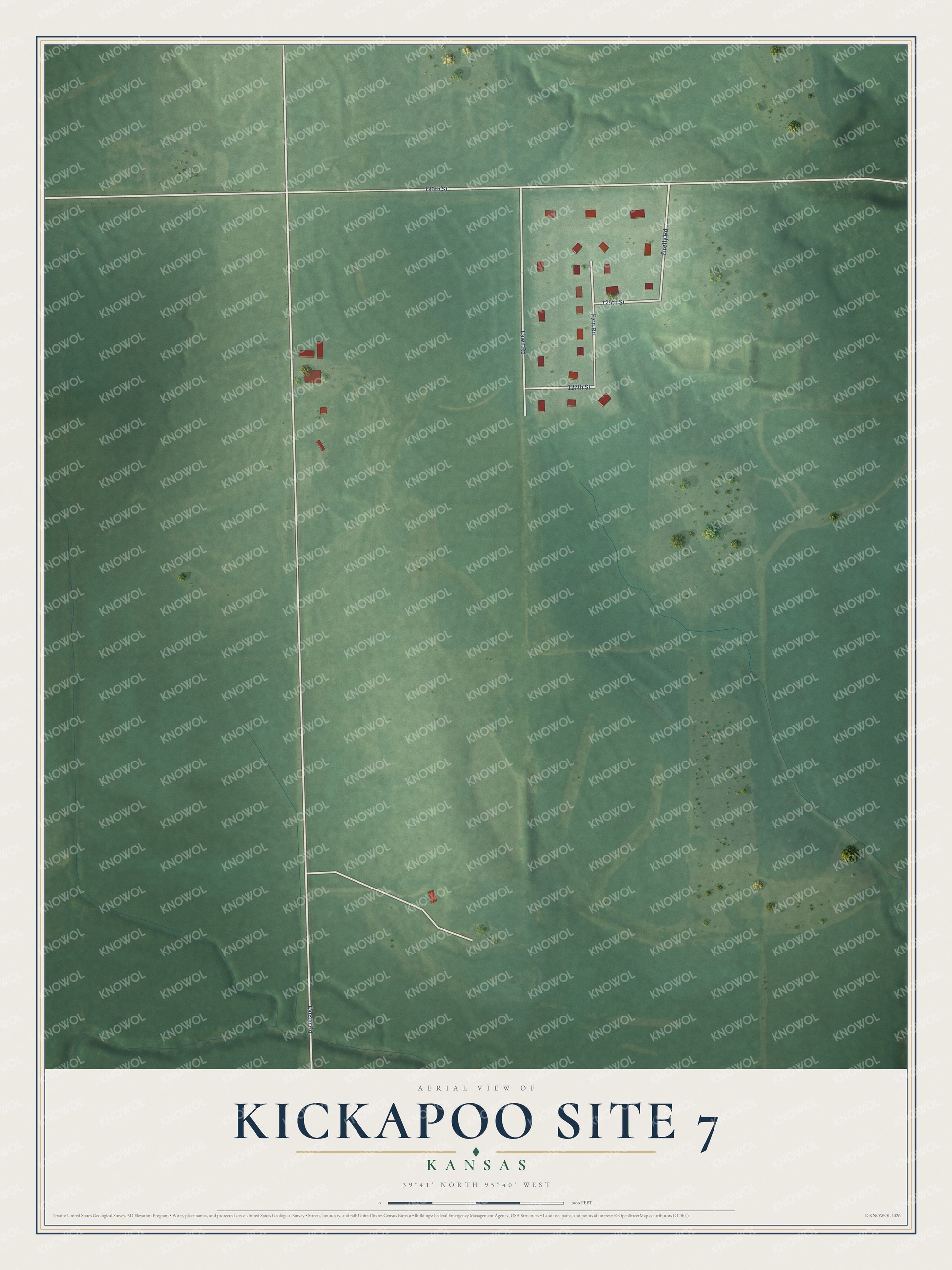 Full map of Kickapoo Site 7, Kansas, with red buildings, printed street names and the land around them