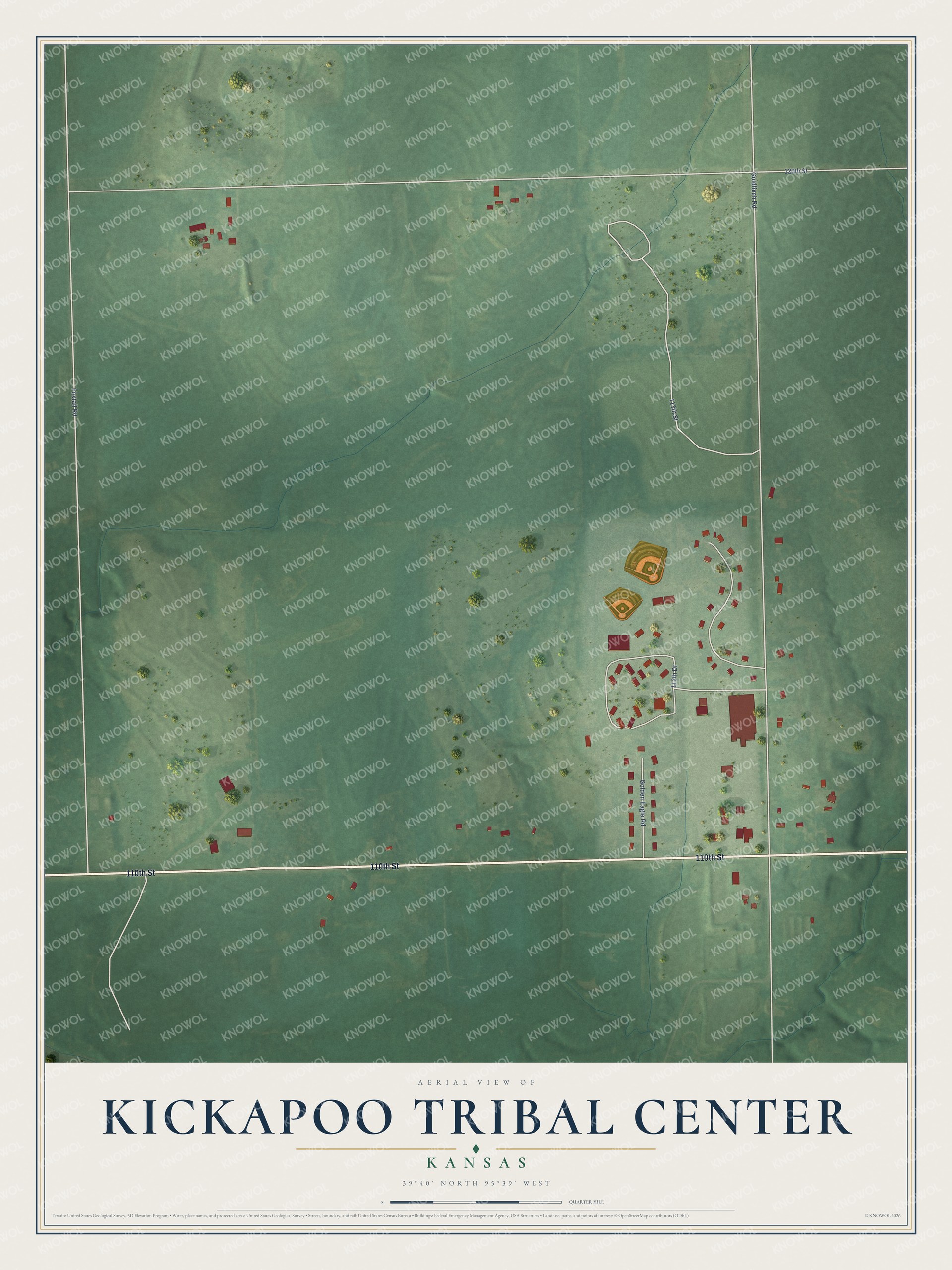 Full map of Kickapoo Tribal Center, Kansas, with red buildings, printed street names and the land around them