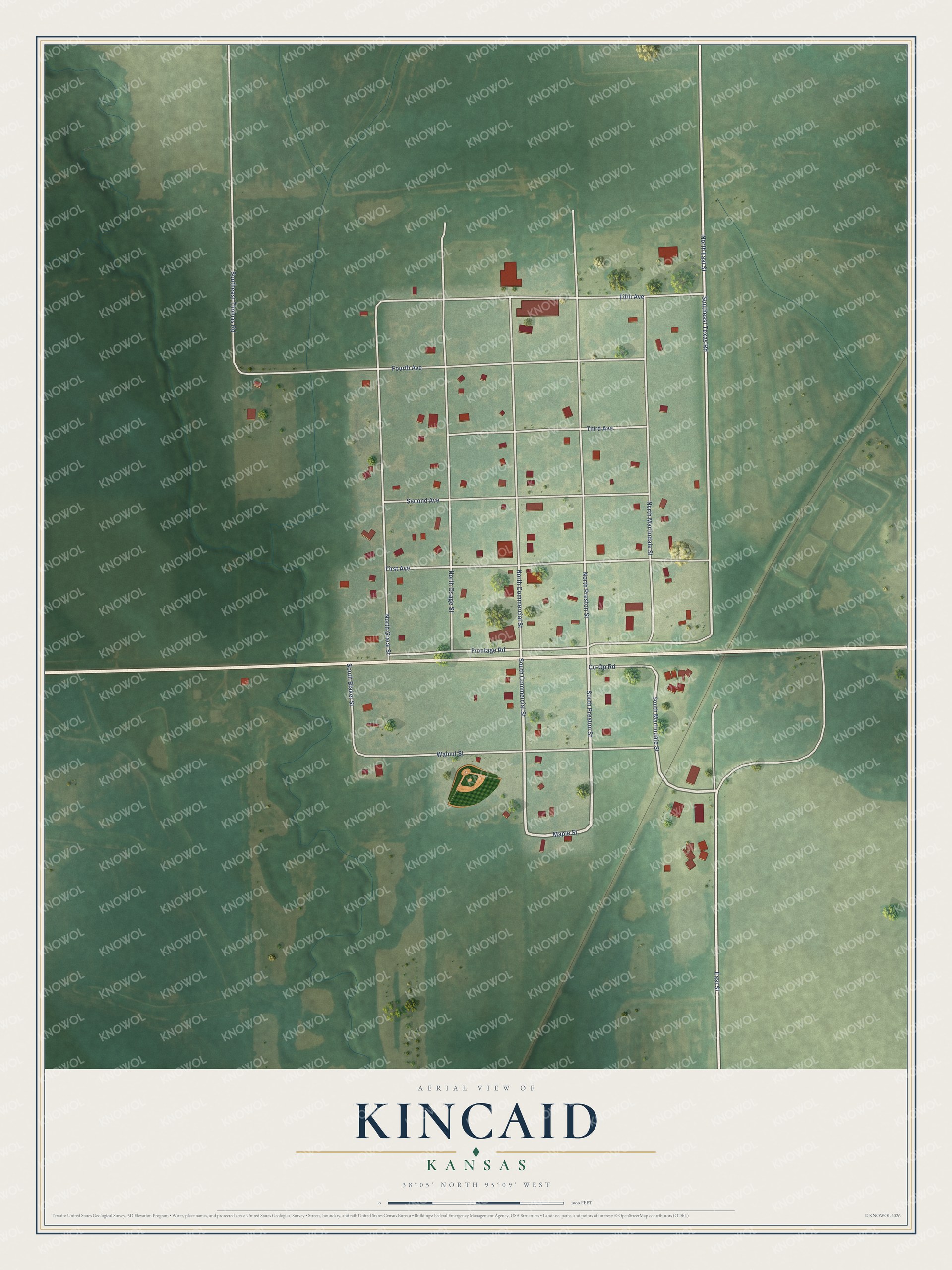 Full map of Kincaid, Kansas, with red buildings, printed street names and the land around them