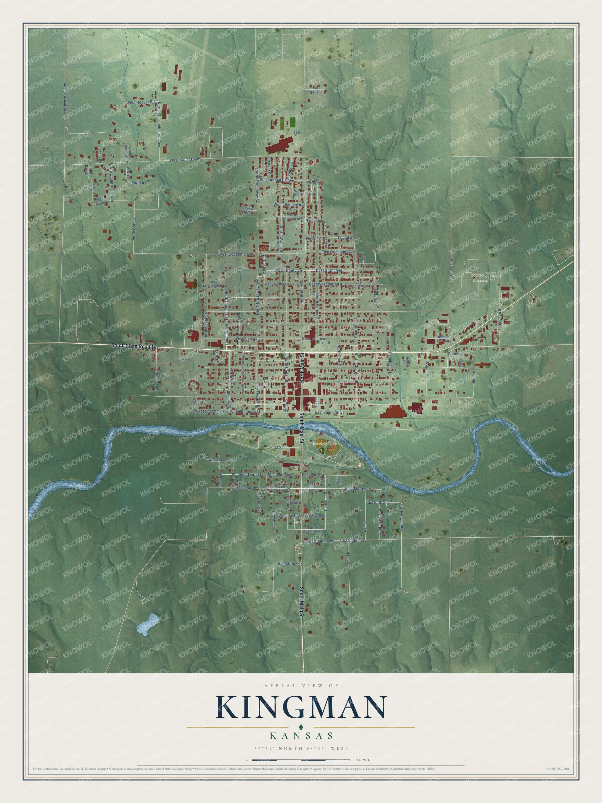 Full map of Kingman, Kansas, with red buildings, printed street names and the land around them