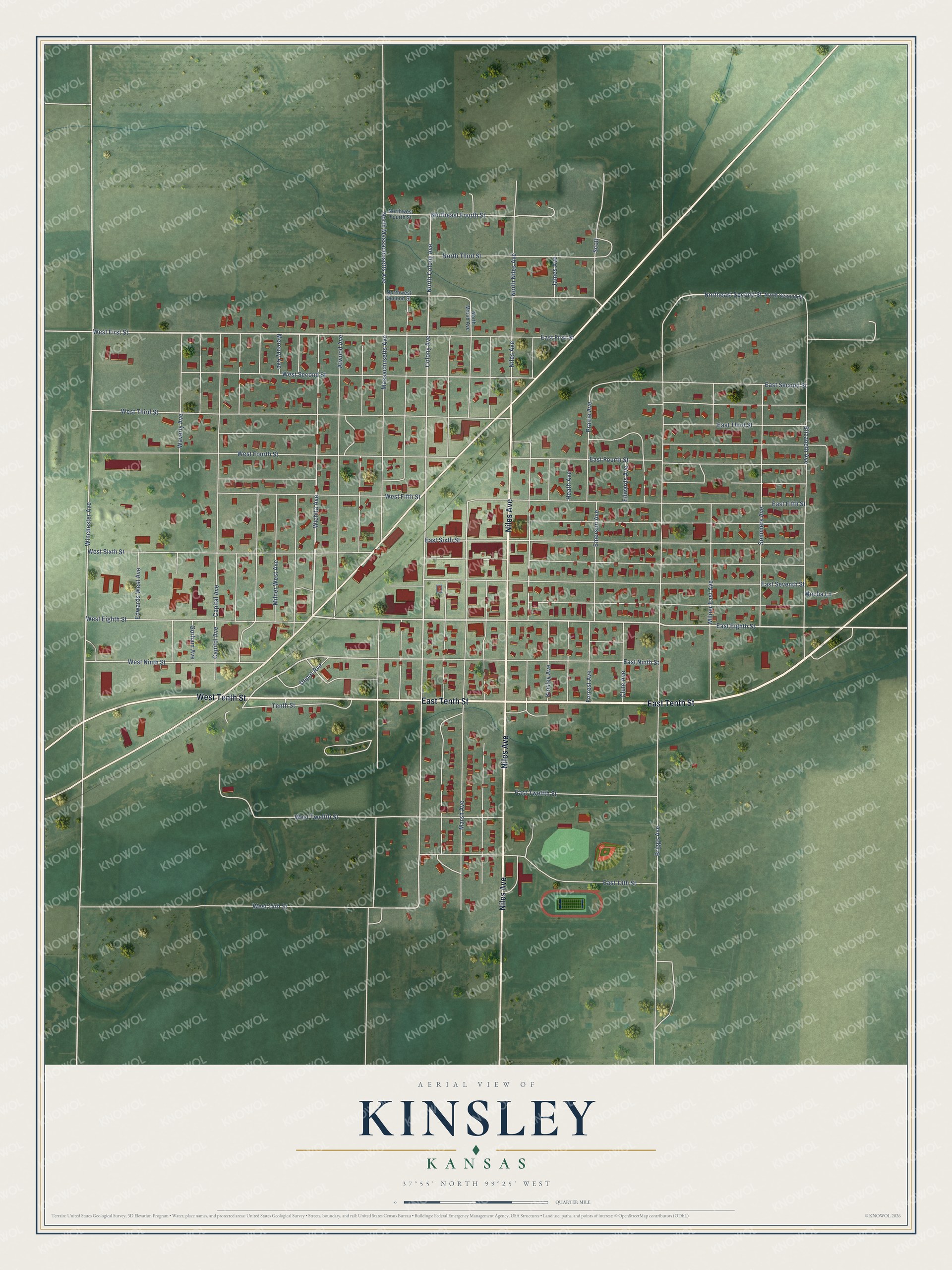 Full map of Kinsley, Kansas, with red buildings, printed street names and the land around them