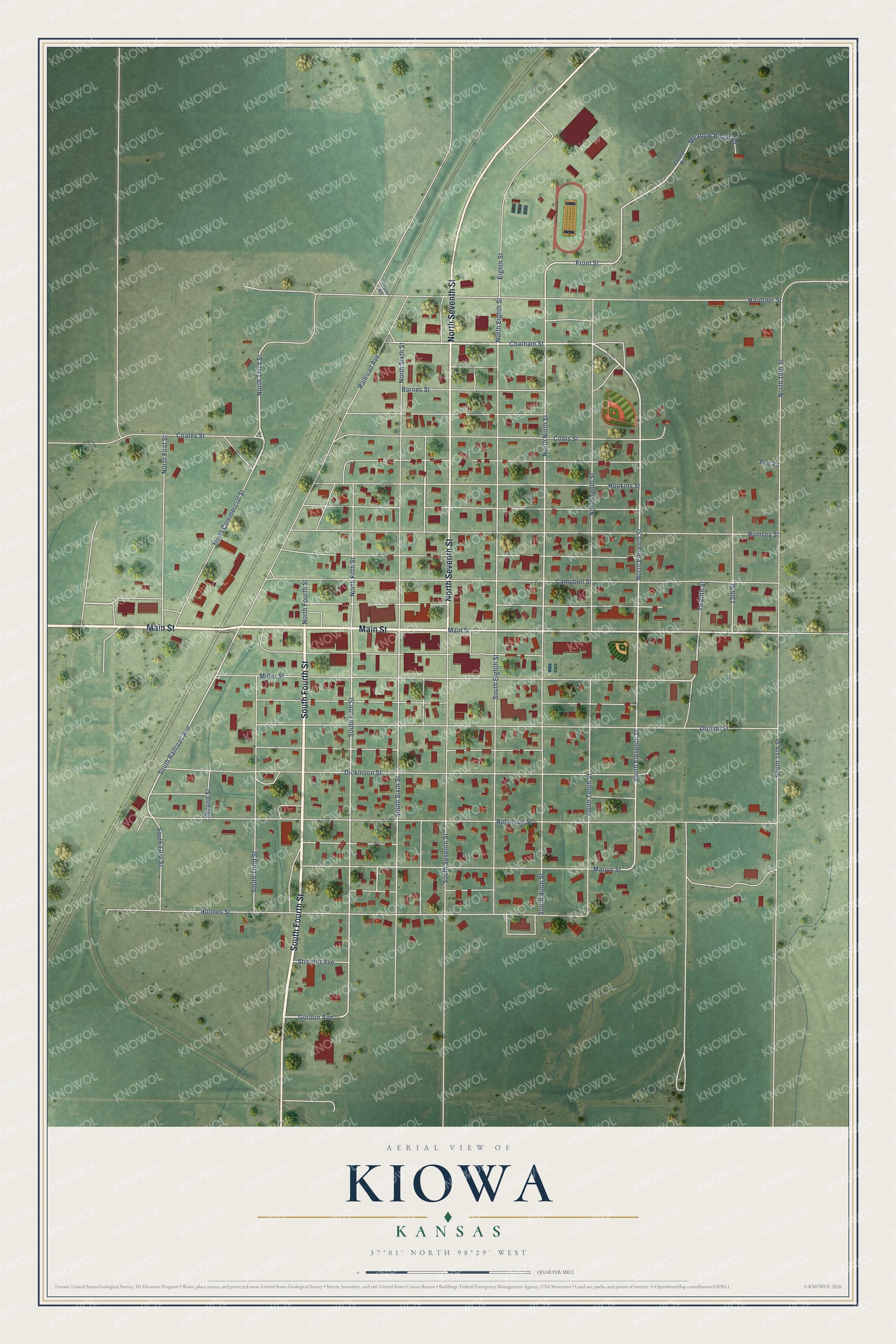 Full map of Kiowa, Kansas, with red buildings, printed street names and the land around them