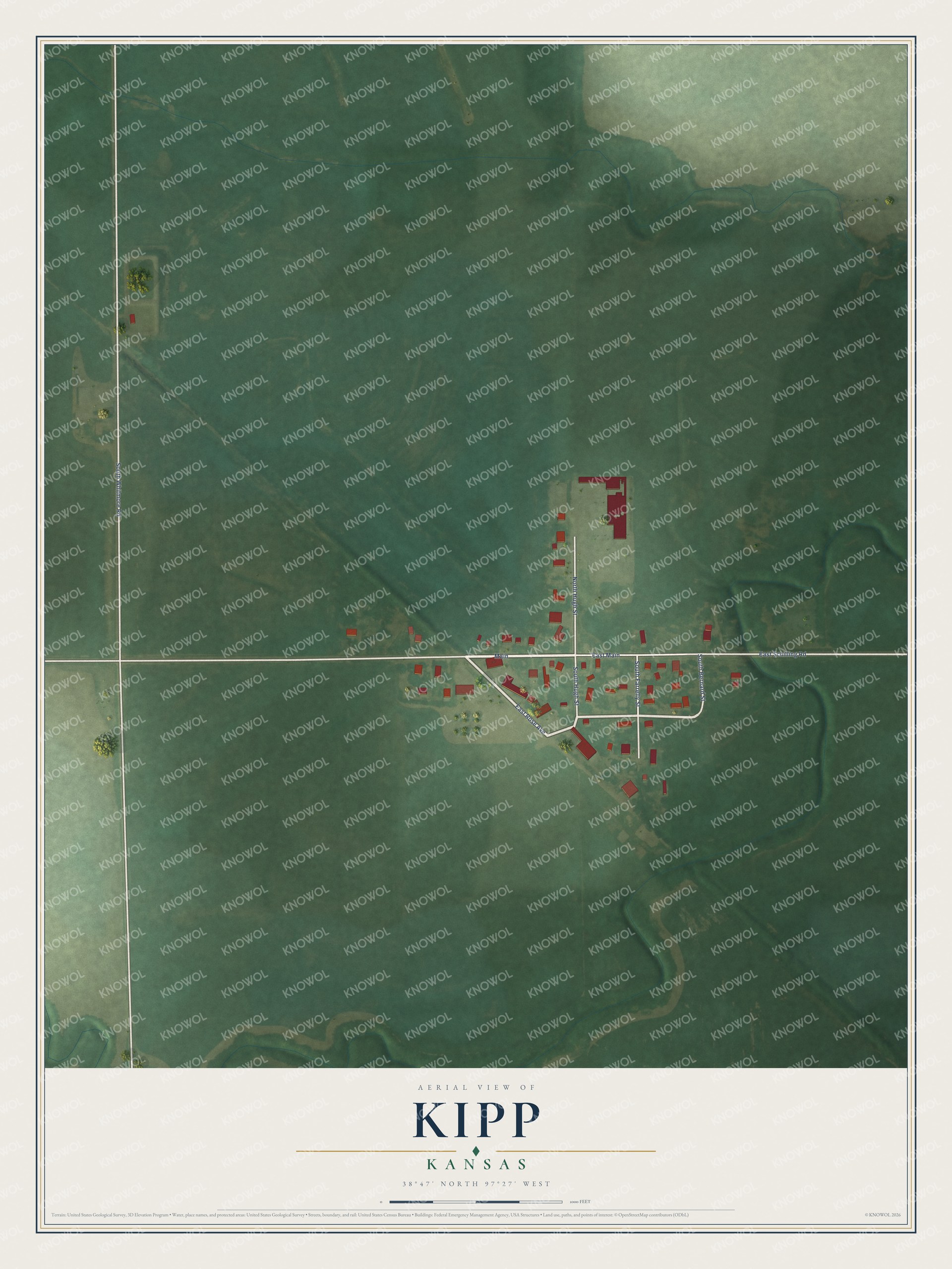 Full map of Kipp, Kansas, with red buildings, printed street names and the land around them