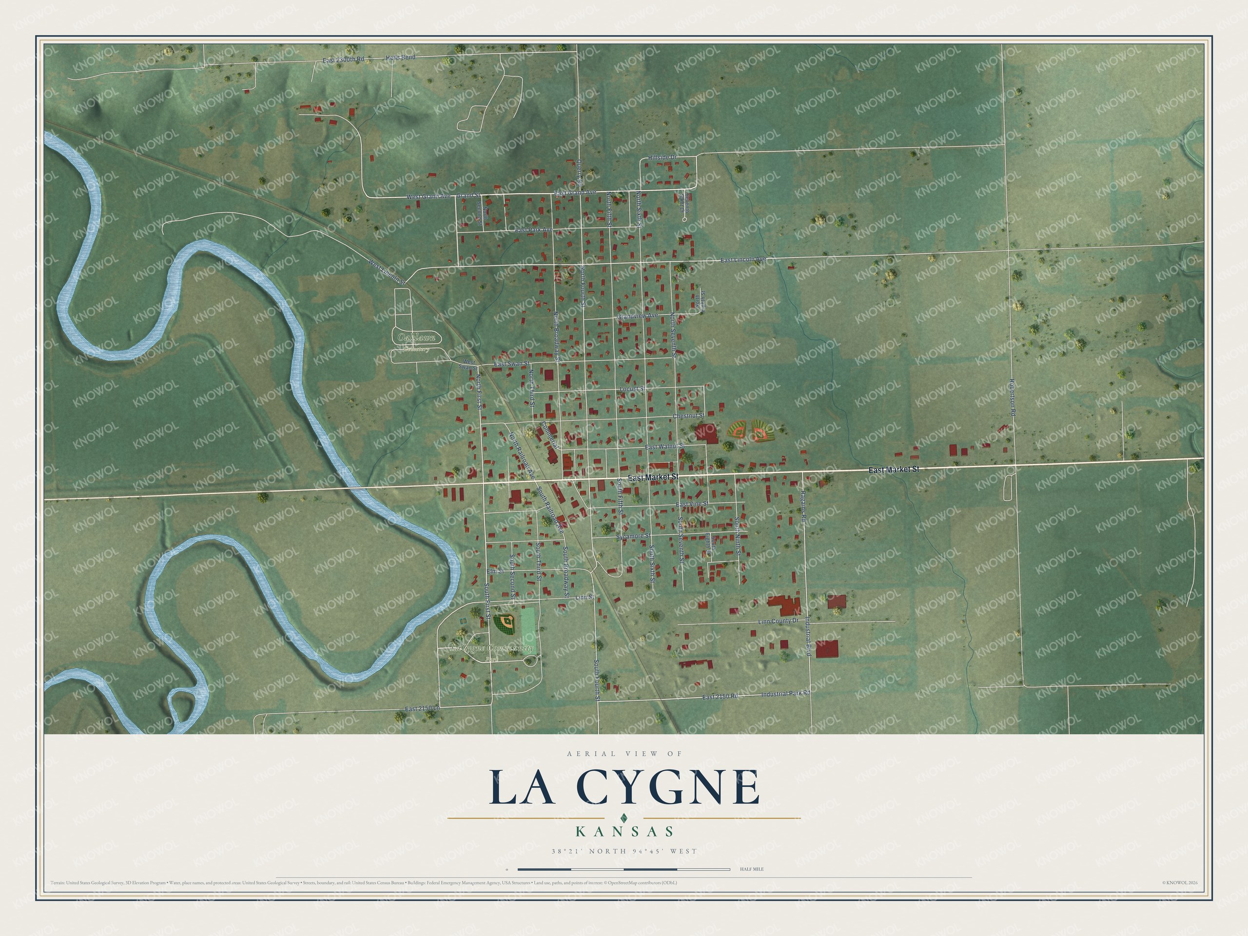 Full map of La Cygne, Kansas, with red buildings, printed street names and the land around them