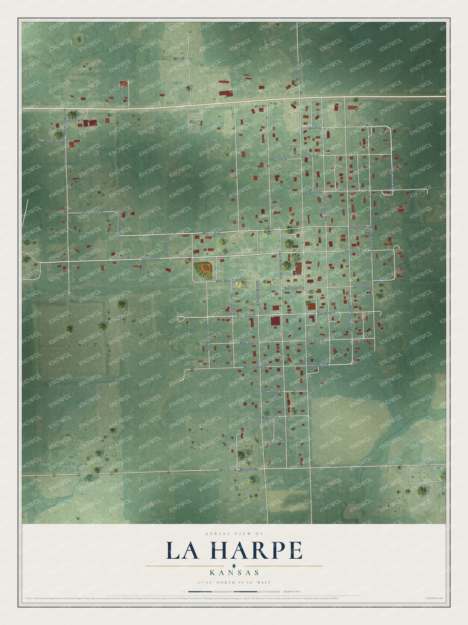 Full map of La Harpe, Kansas, with red buildings, printed street names and the land around them