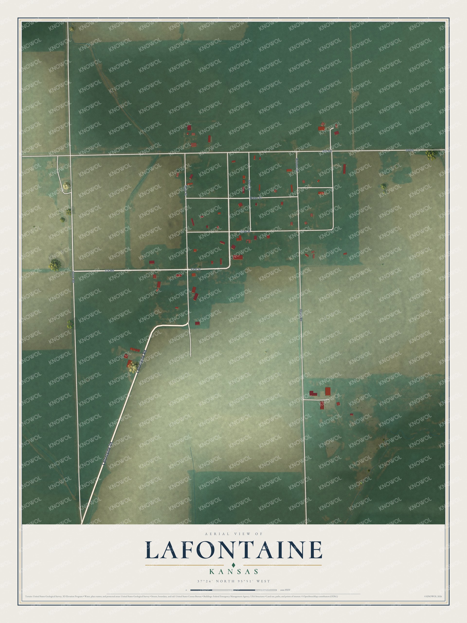 Full map of Lafontaine, Kansas, with red buildings, printed street names and the land around them