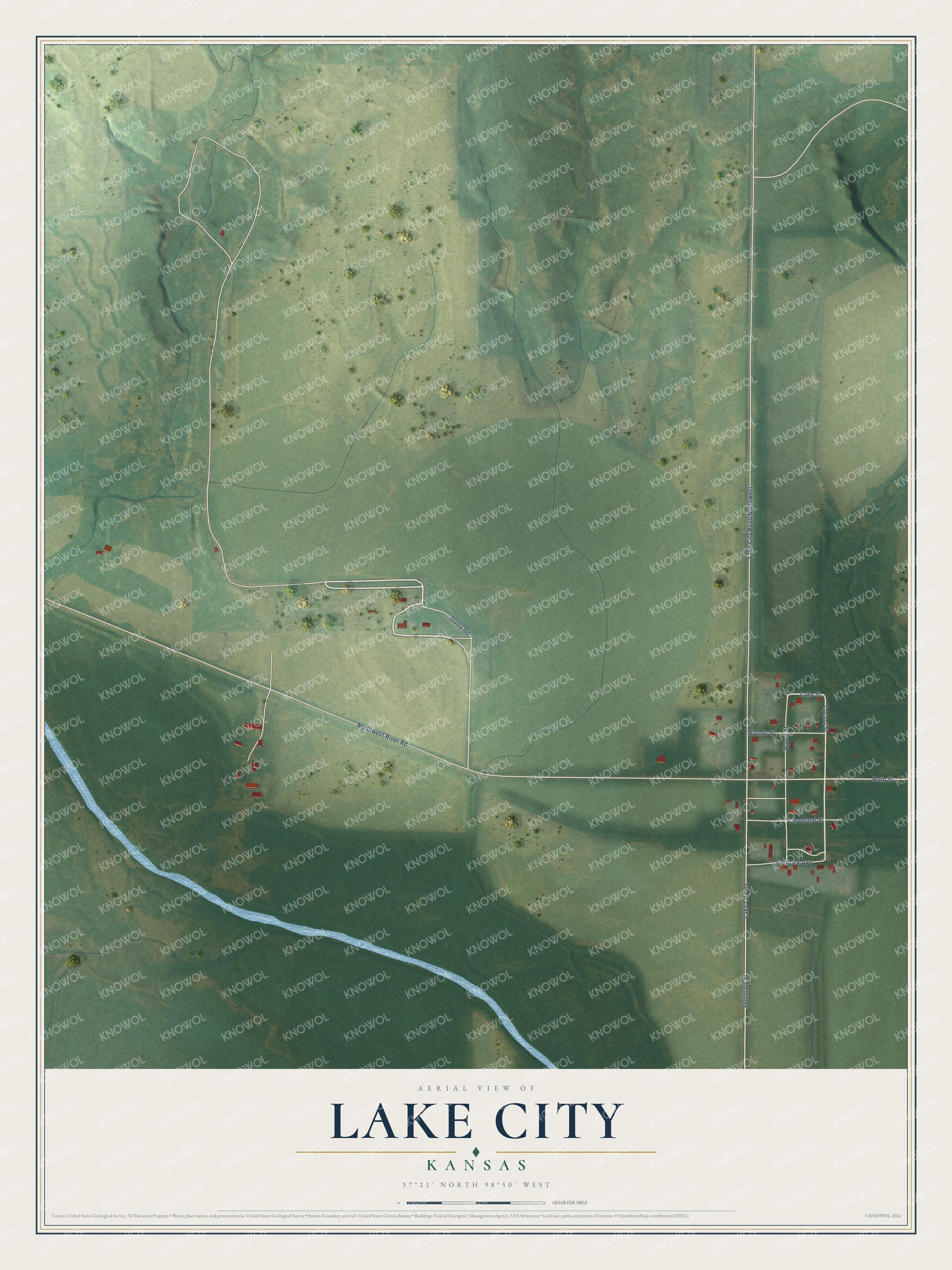 Full map of Lake City, Kansas, with red buildings, printed street names and the land around them