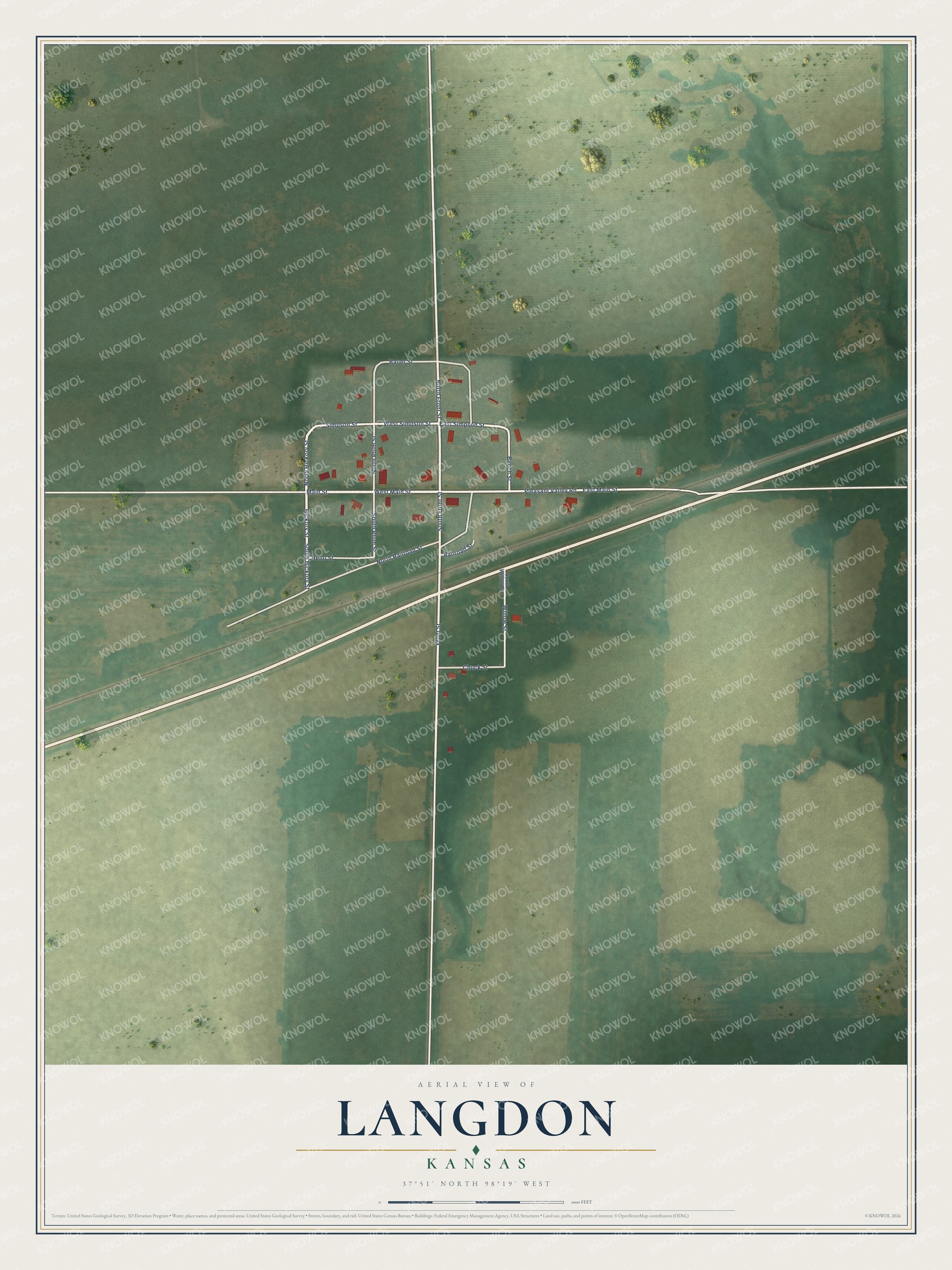 Watermarked full-map preview of Langdon, Kansas