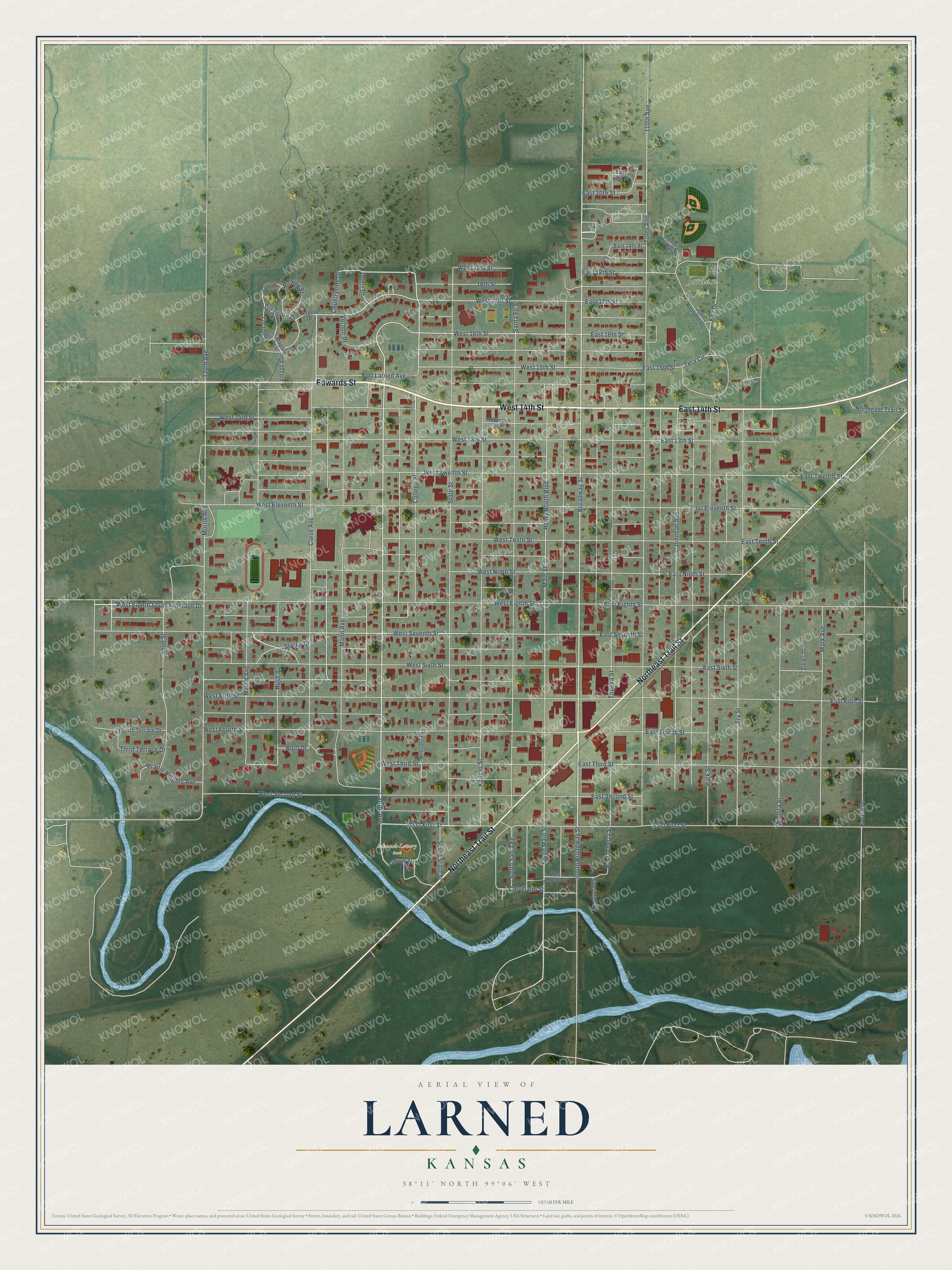 Watermarked full-map preview of Larned, Kansas
