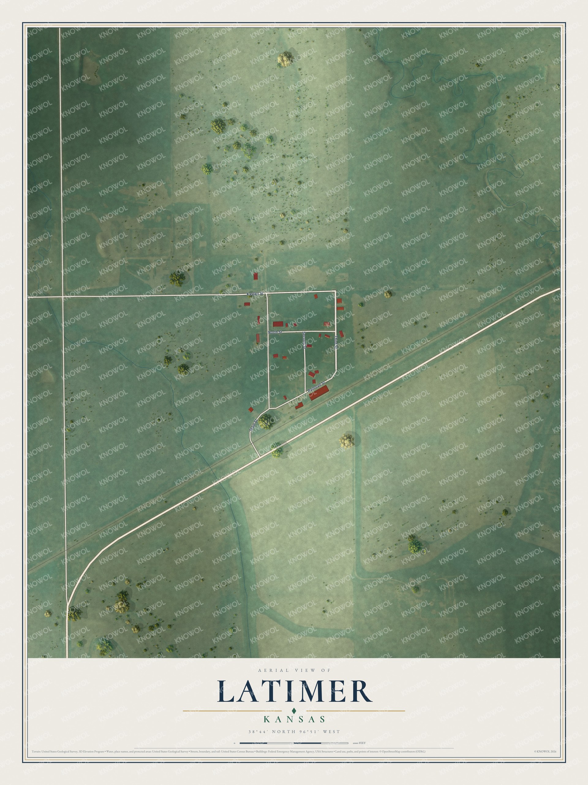 Full map of Latimer, Kansas, with red buildings, printed street names and the land around them