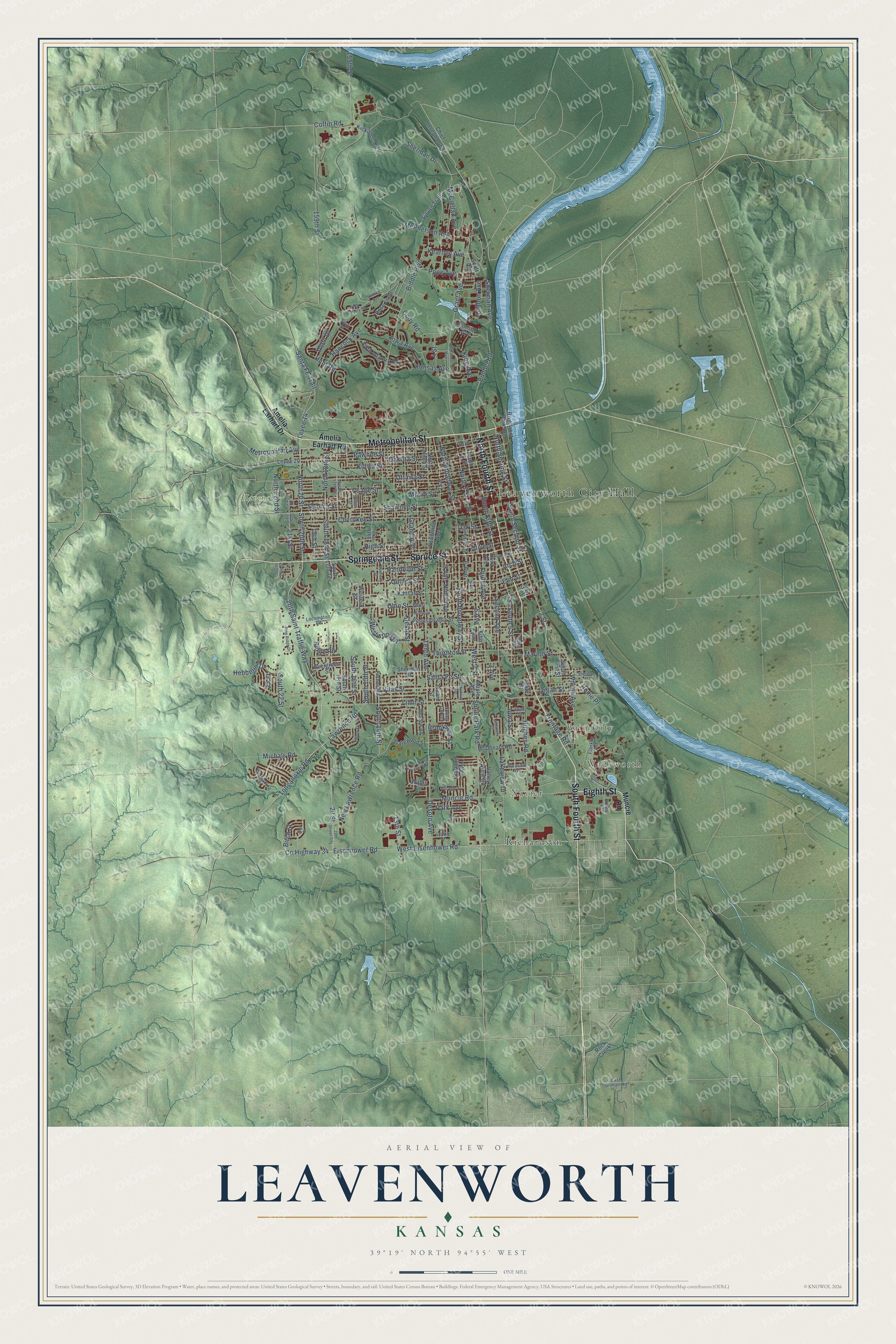 Full map of Leavenworth, Kansas, with red buildings, printed street names and the land around them