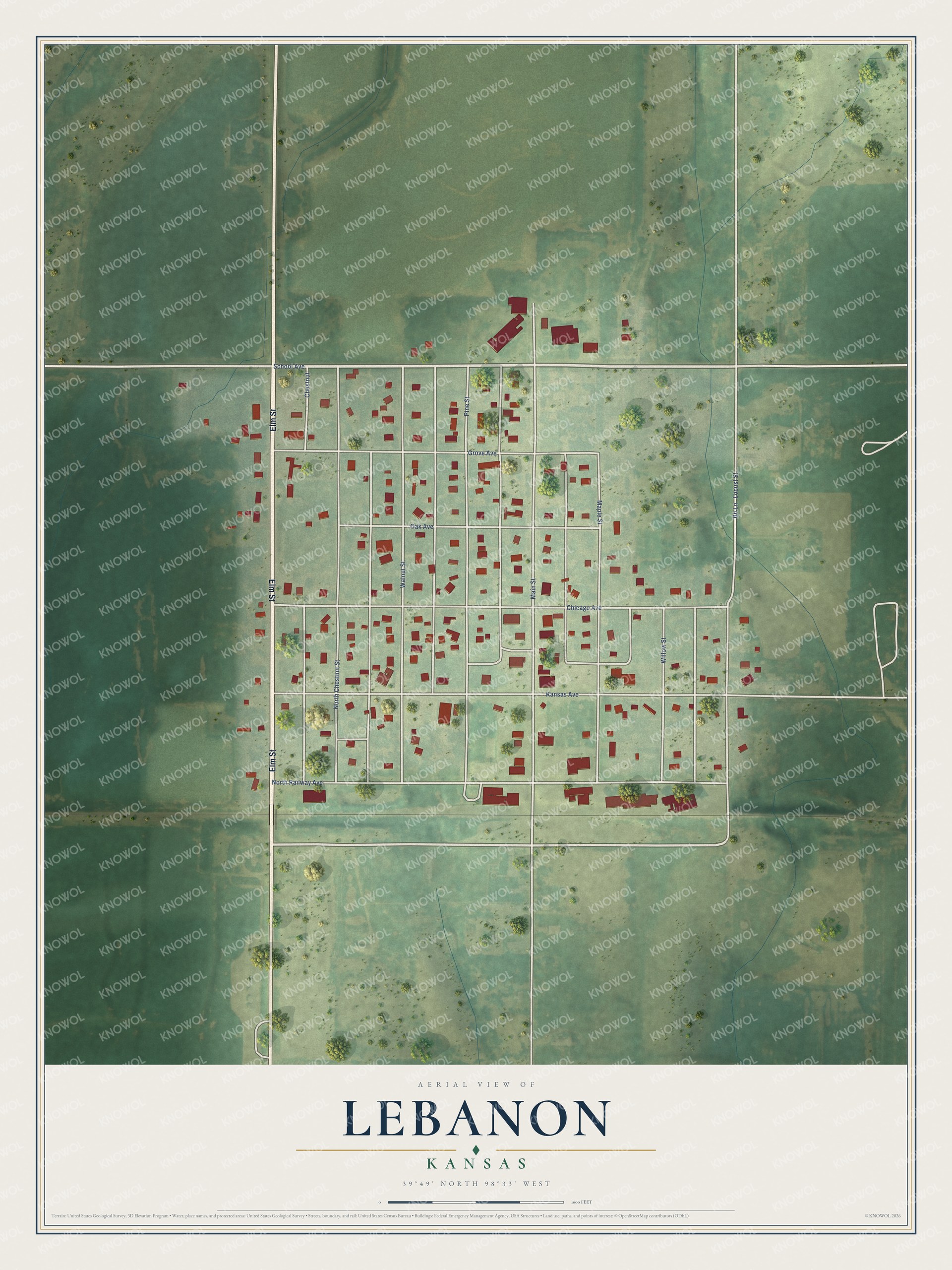 Full map of Lebanon, Kansas, with red buildings, printed street names and the land around them