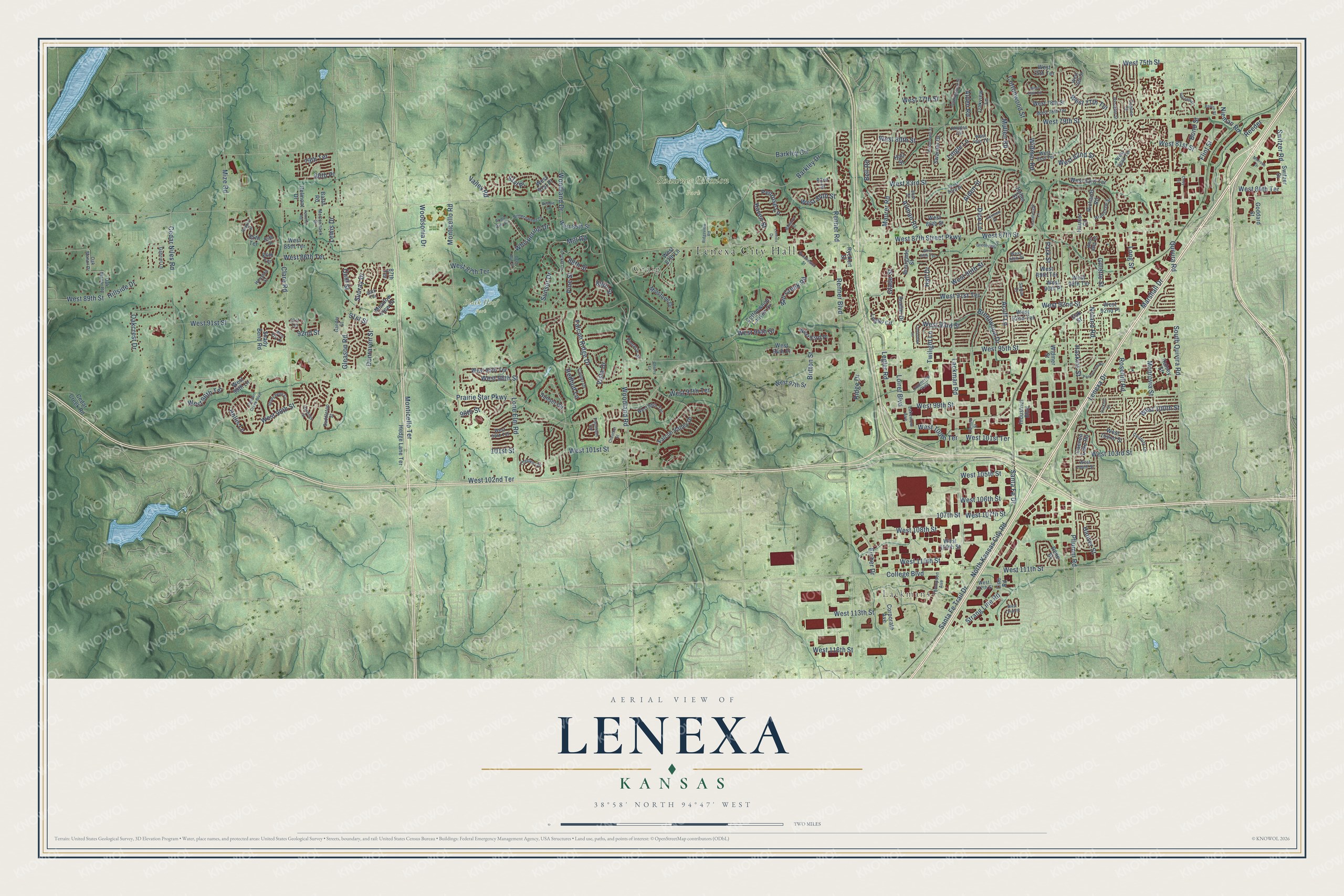 Full map of Lenexa, Kansas, with red buildings, printed street names and the land around them