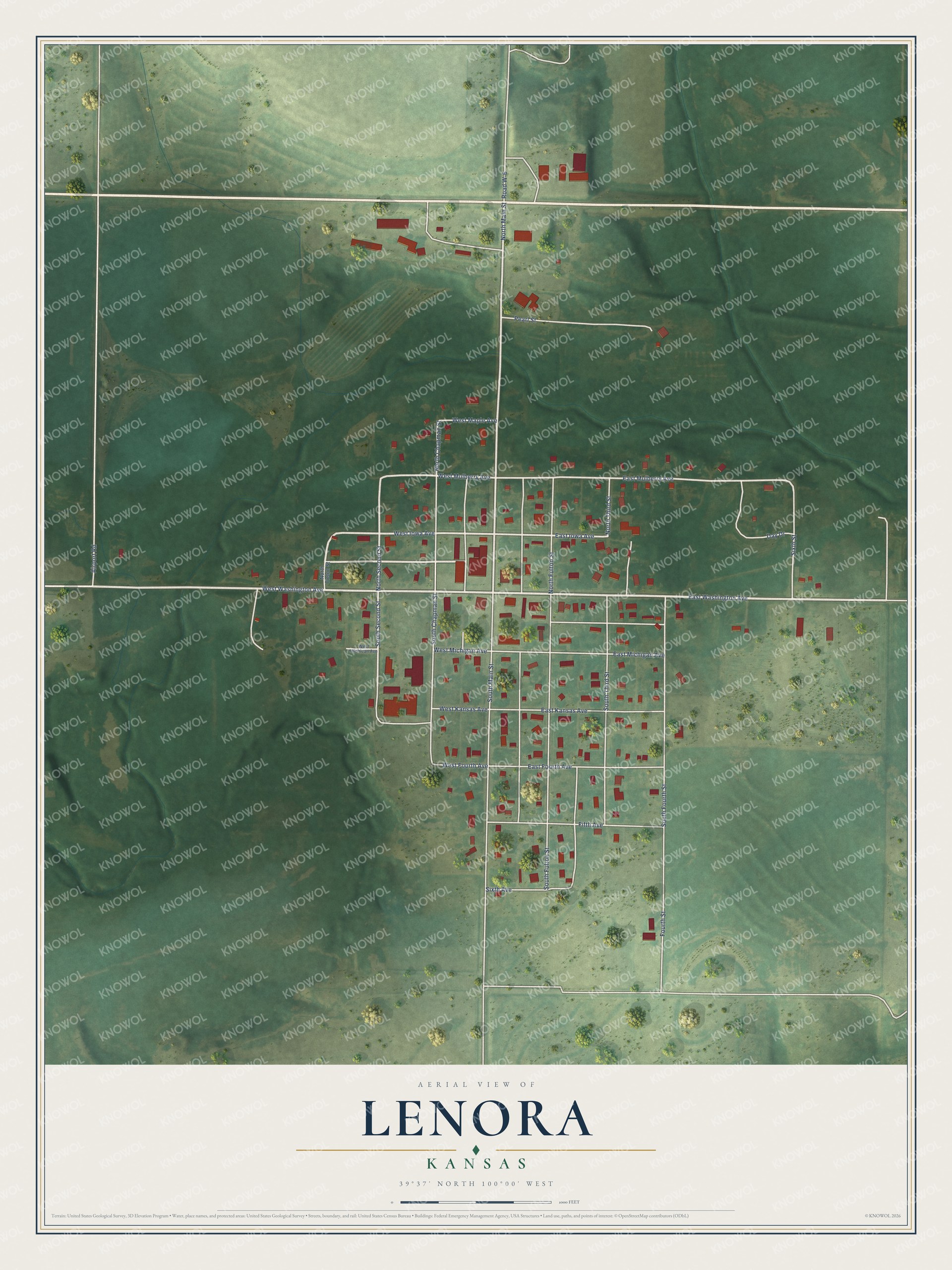 Full map of Lenora, Kansas, with red buildings, printed street names and the land around them
