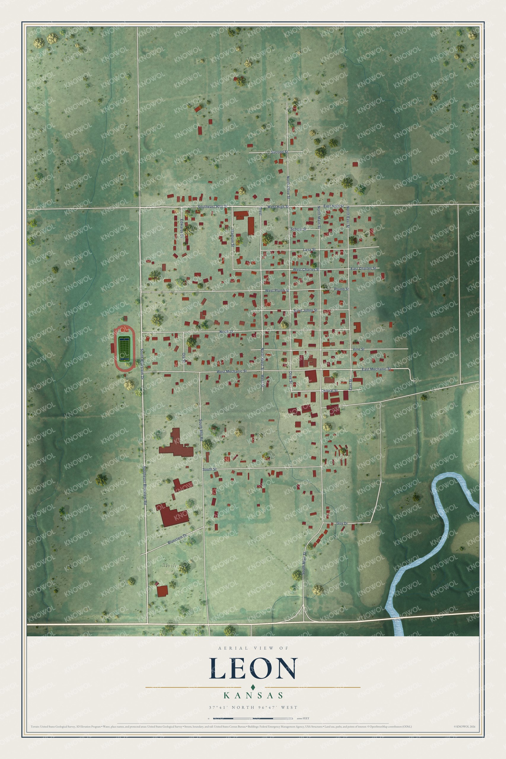 Full map of Leon, Kansas, with red buildings, printed street names and the land around them
