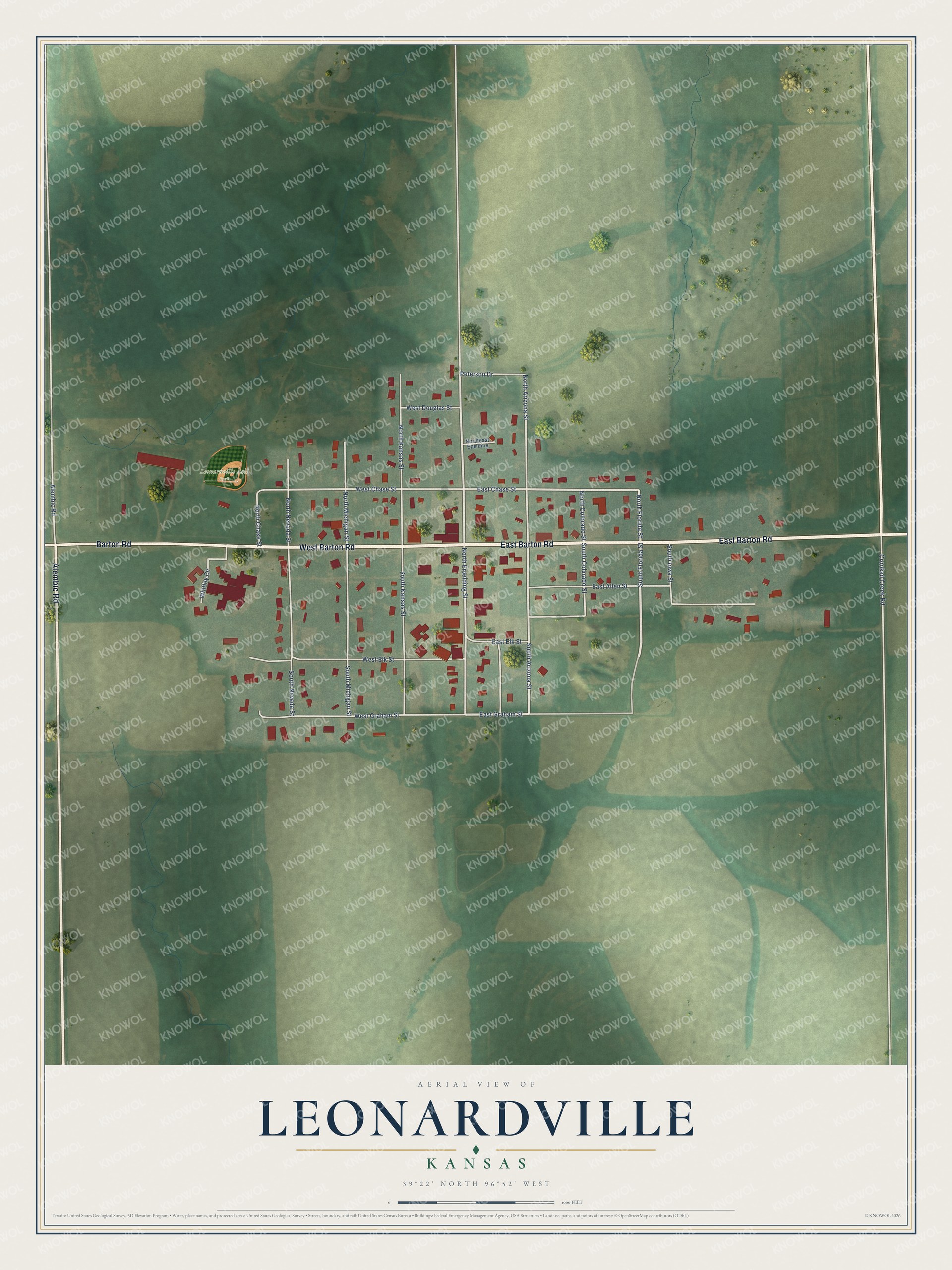 Full map of Leonardville, Kansas, with red buildings, printed street names and the land around them