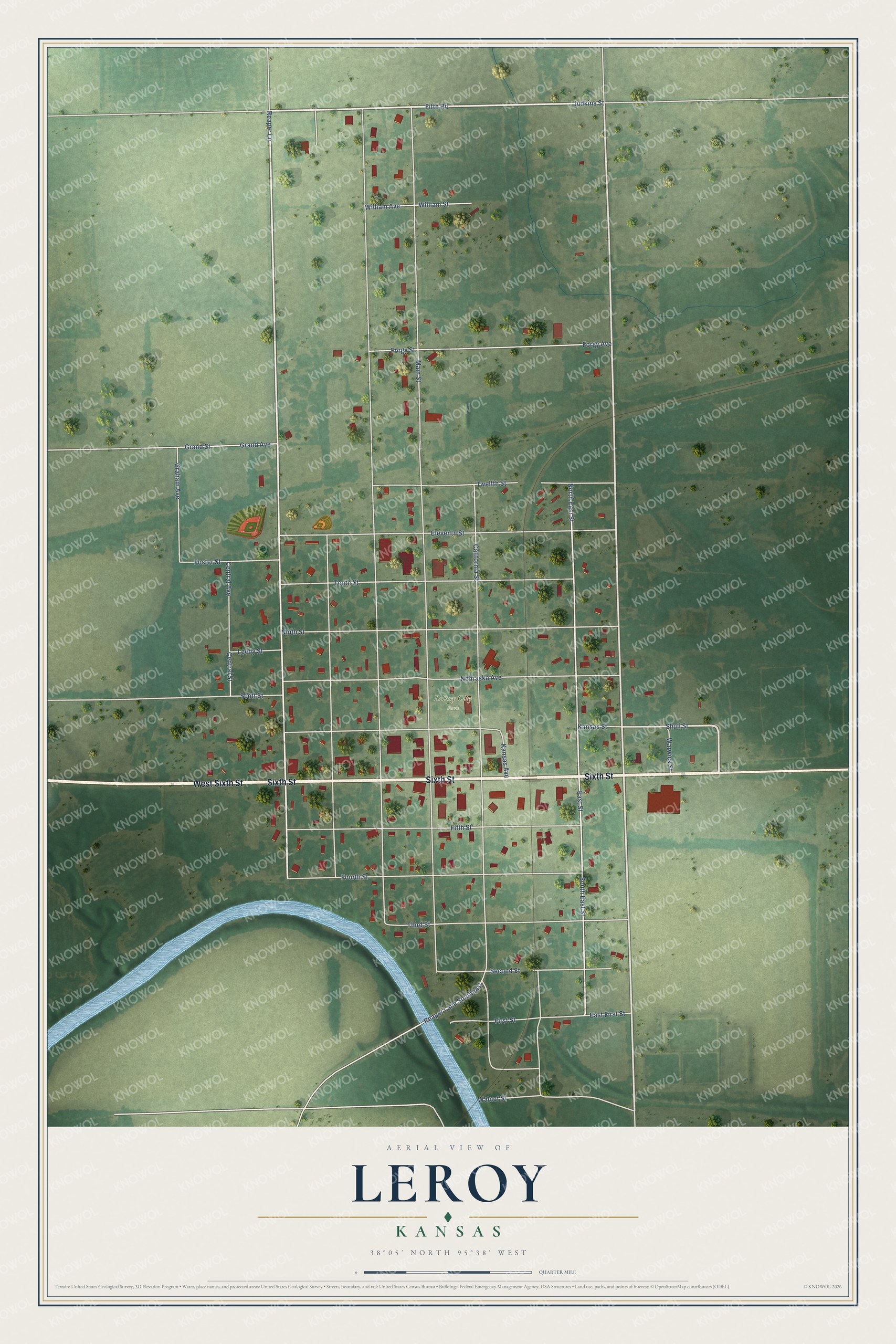 Full map of LeRoy, Kansas, with red buildings, printed street names and the land around them
