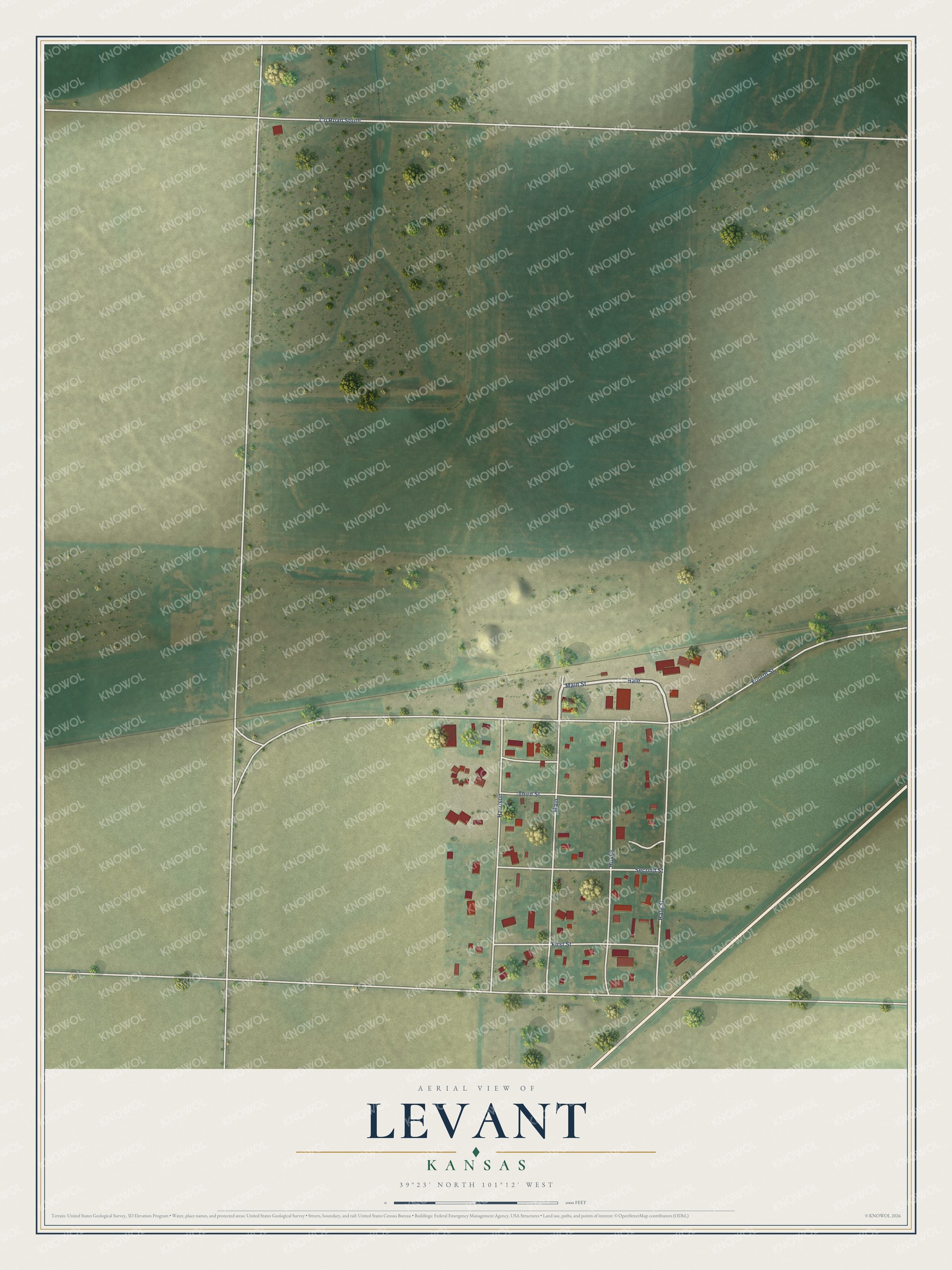 Full map of Levant, Kansas, with red buildings, printed street names and the land around them
