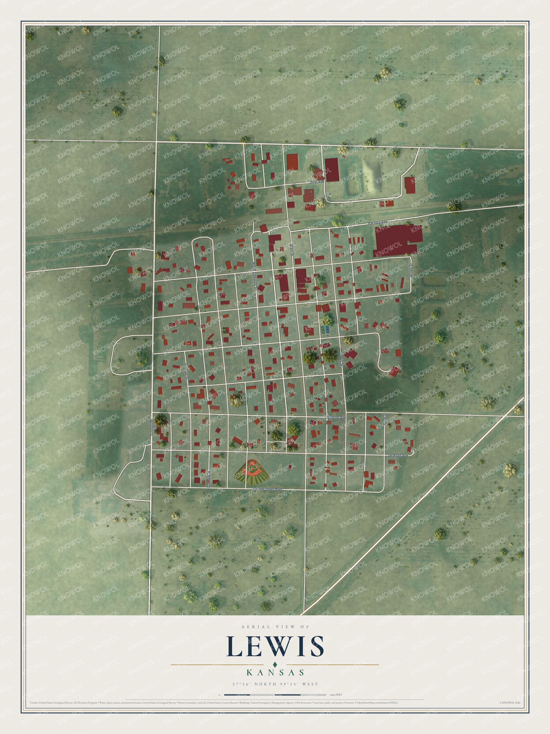 Full map of Lewis, Kansas, with red buildings, printed street names and the land around them