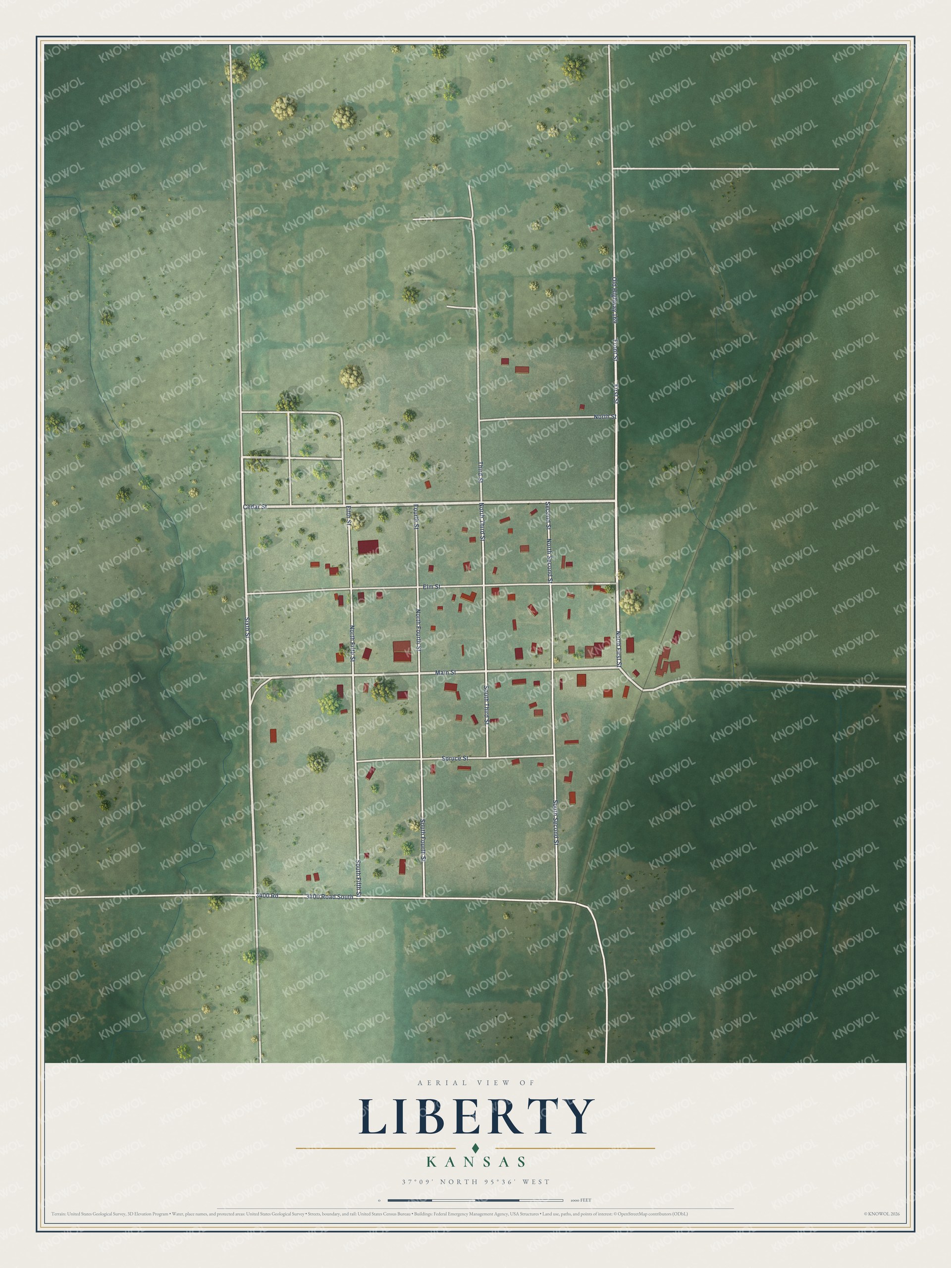 Full map of Liberty, Kansas, with red buildings, printed street names and the land around them
