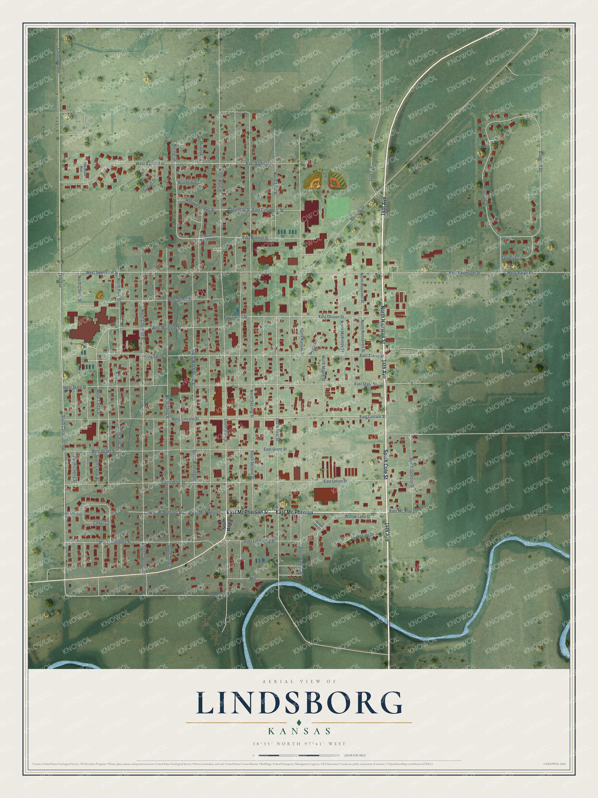 Full map of Lindsborg, Kansas, with red buildings, printed street names and the land around them